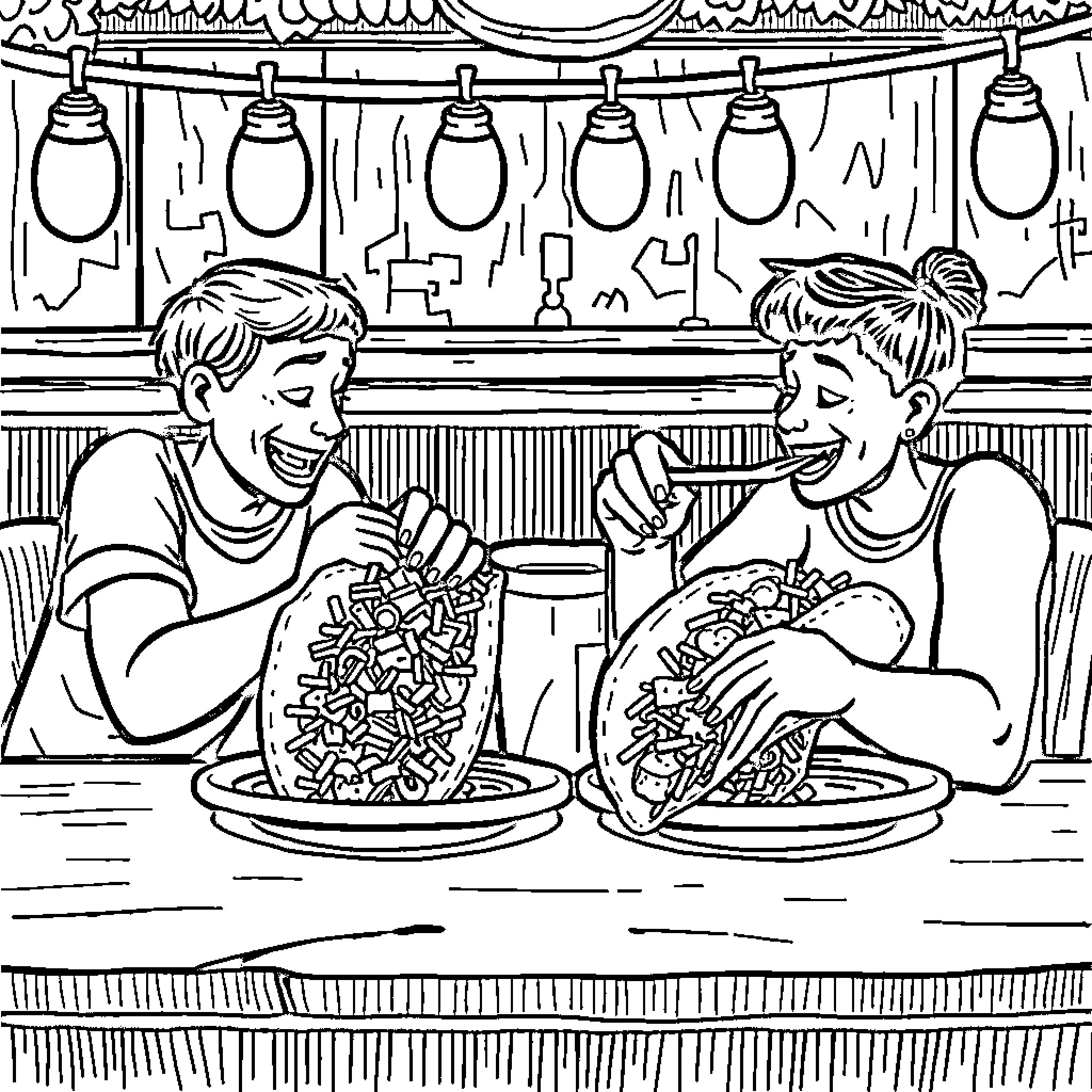 Taco Night with Friends at the Diner Coloring Page (free black-and-white line drawing printable PDF for all, from beginners to advanced learners, including children, teens, adults, and seniors)