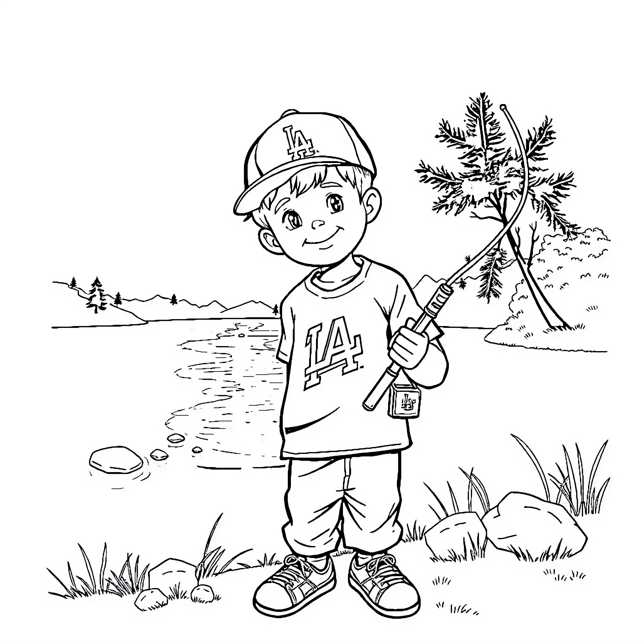 Boy Fishing by the Lake in Nature Coloring Page (free black-and-white line drawing printable PDF for all, from beginners to advanced learners, including children, teens, adults, and seniors)
