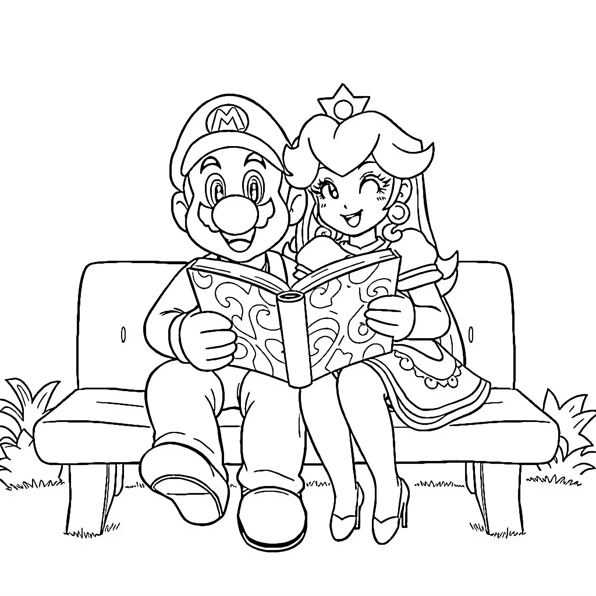 Mario and Princess Reading a Book Together Coloring Page (free black-and-white line drawing printable PDF for all, from beginners to advanced learners, including children, teens, adults, and seniors)