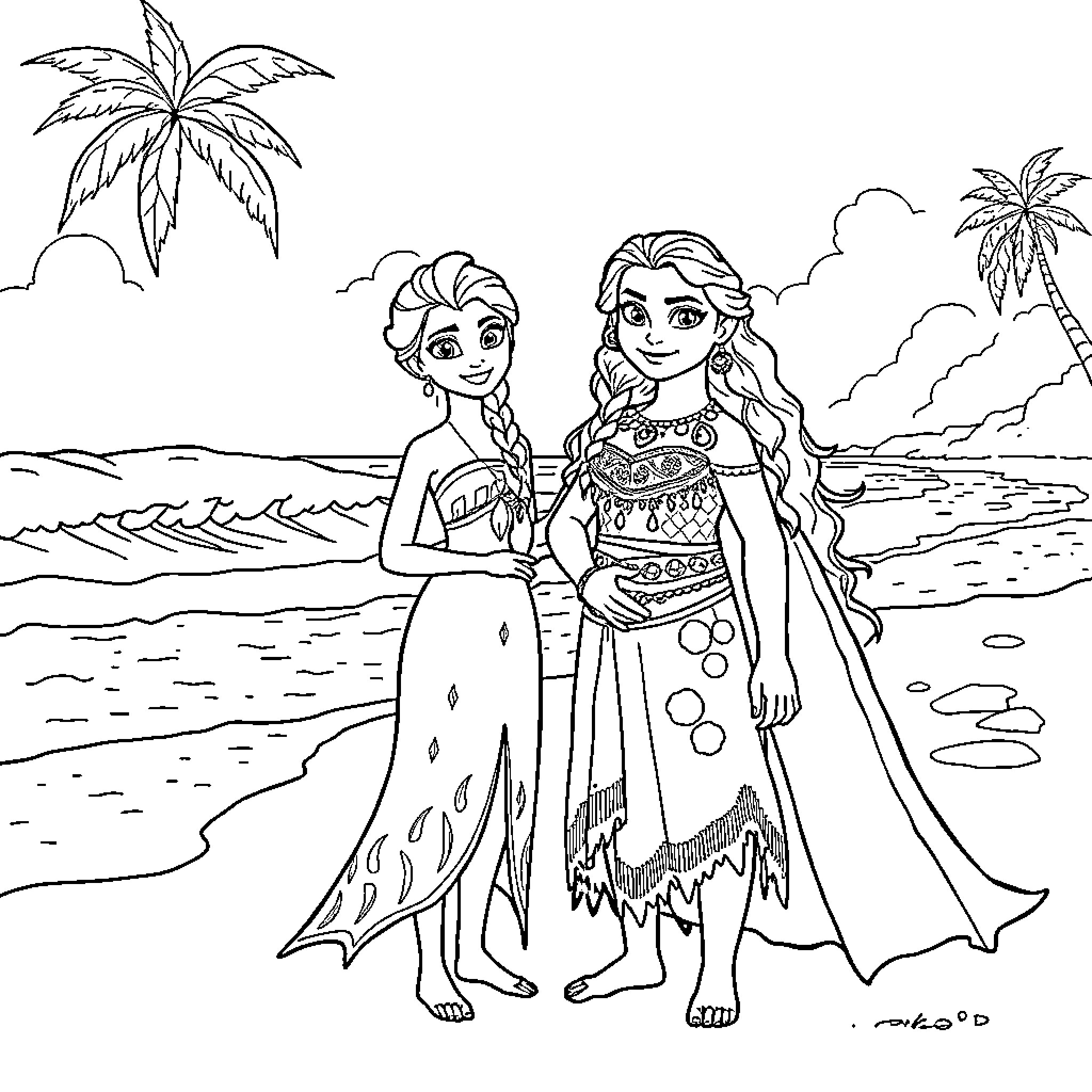Moana and Elsa explore tropical island together Coloring Page (free black-and-white line drawing printable PDF for all, from beginners to advanced learners, including children, teens, adults, and seniors)