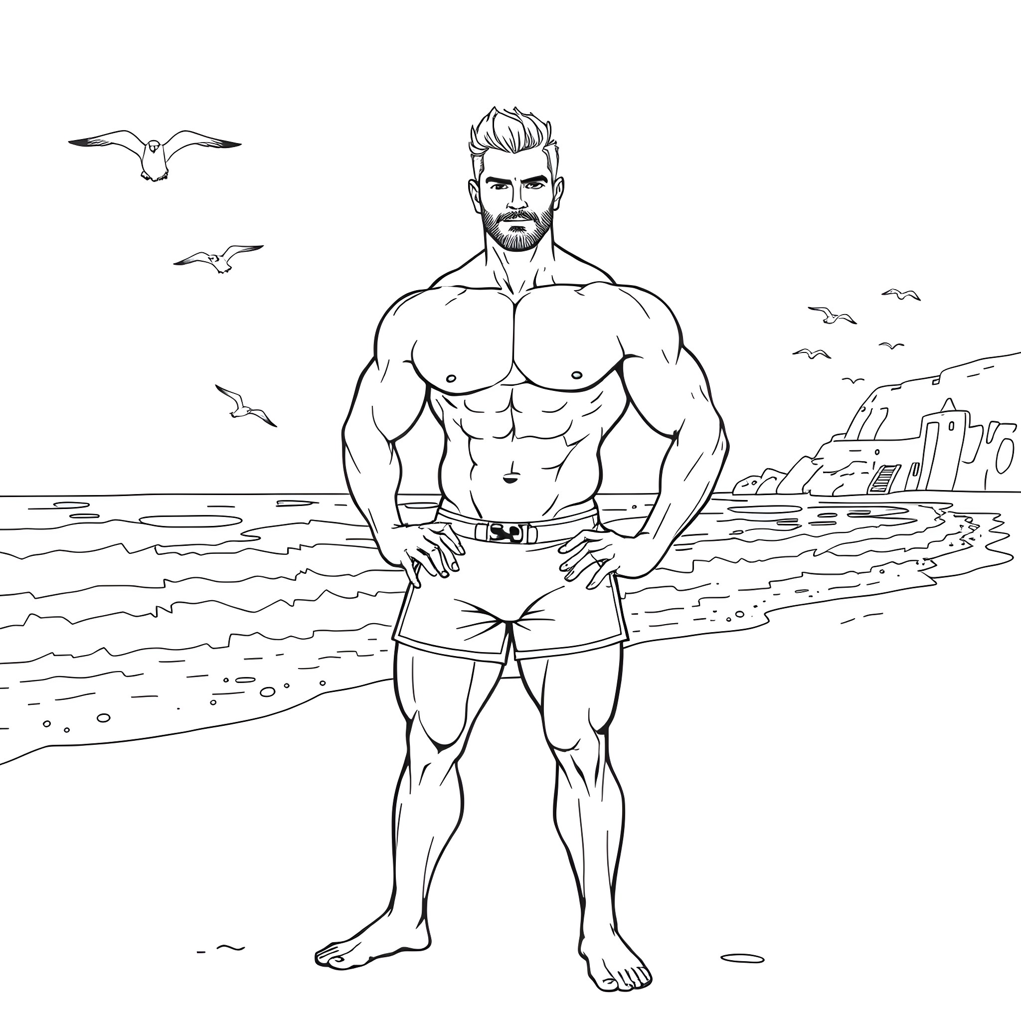 Muscleman Standing on the Beach Coloring Page (free black-and-white line drawing printable PDF for all, from beginners to advanced learners, including children, teens, adults, and seniors)