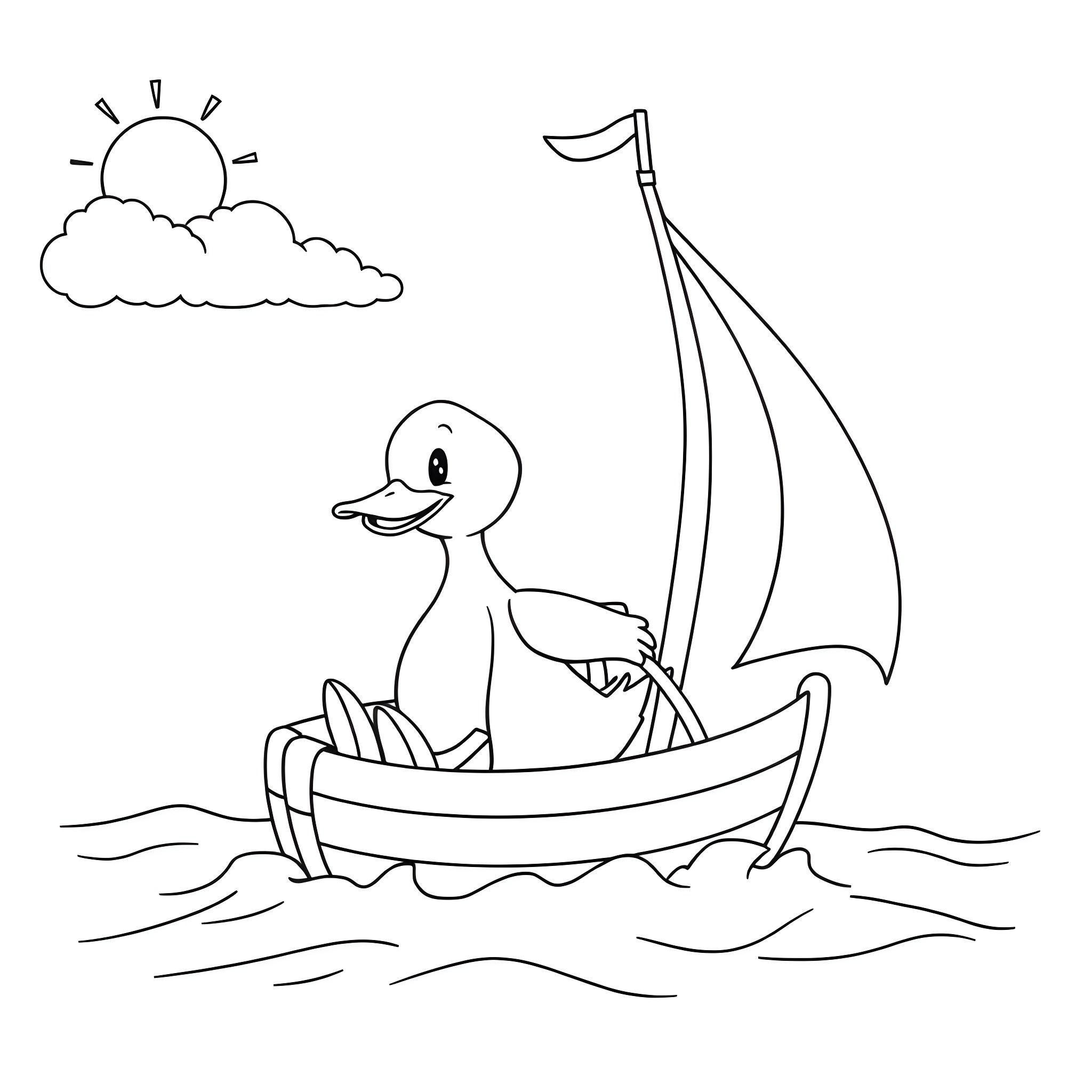 Duck sailing on a small boat in the ocean Coloring Page (free black-and-white line drawing printable PDF for all, from beginners to advanced learners, including children, teens, adults, and seniors)