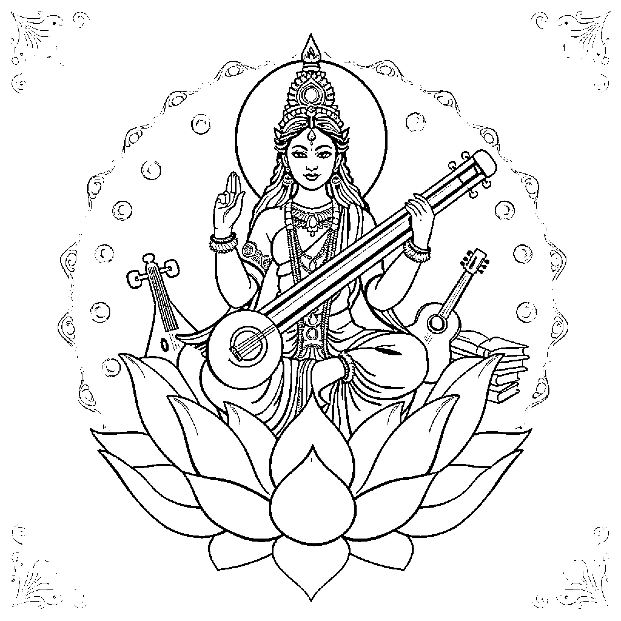 Saraswati, the Goddess of Wisdom, Music and Arts Coloring Page (free black-and-white line drawing printable PDF for all, from beginners to advanced learners, including children, teens, adults, and seniors)