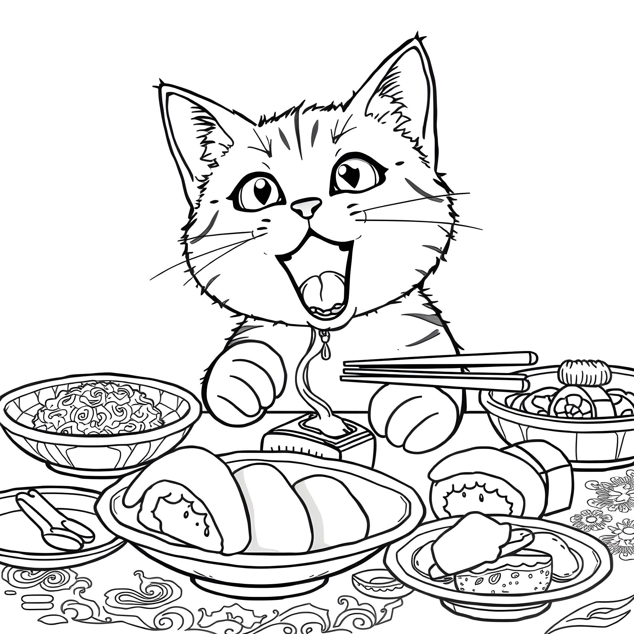 Cat enjoying a feast of delicious food Coloring Page (free black-and-white line drawing printable PDF for all, from beginners to advanced learners, including children, teens, adults, and seniors)