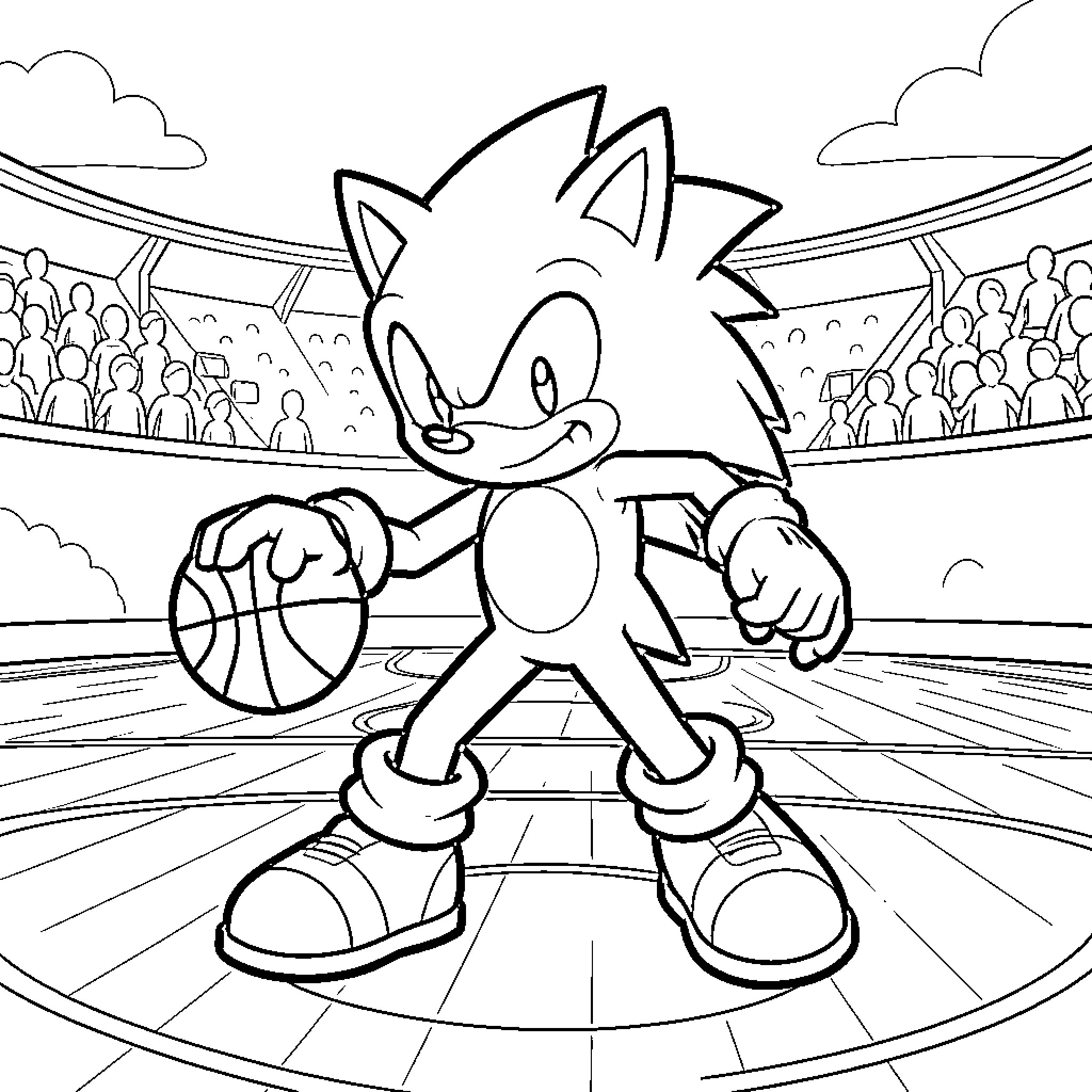 Sonic dribbling a basketball on a sports court Coloring Page (free black-and-white line drawing printable PDF for all, from beginners to advanced learners, including children, teens, adults, and seniors)