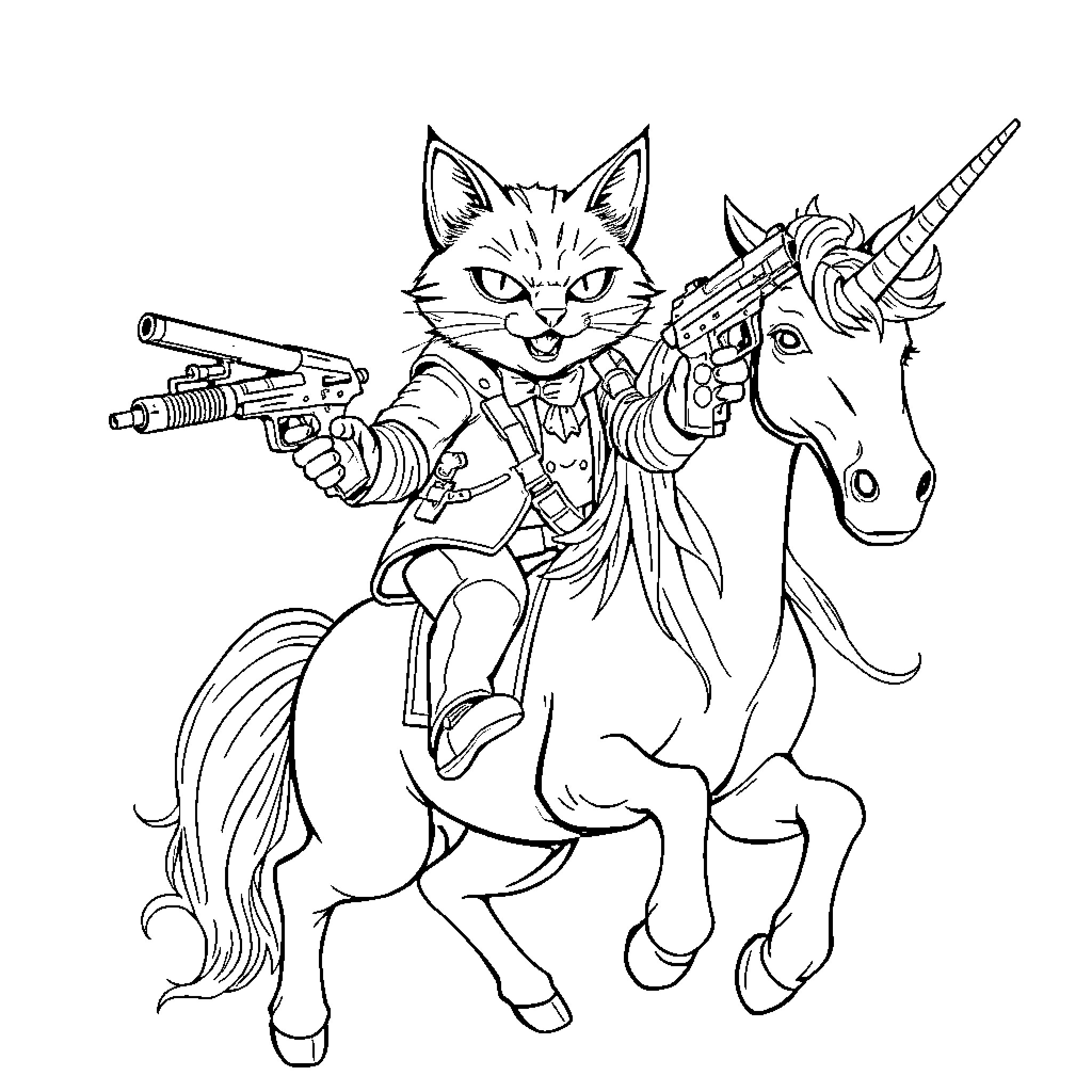 Cat Warrior Riding Unicorn with Laser Gun Coloring Page (free black-and-white line drawing printable PDF for all, from beginners to advanced learners, including children, teens, adults, and seniors)