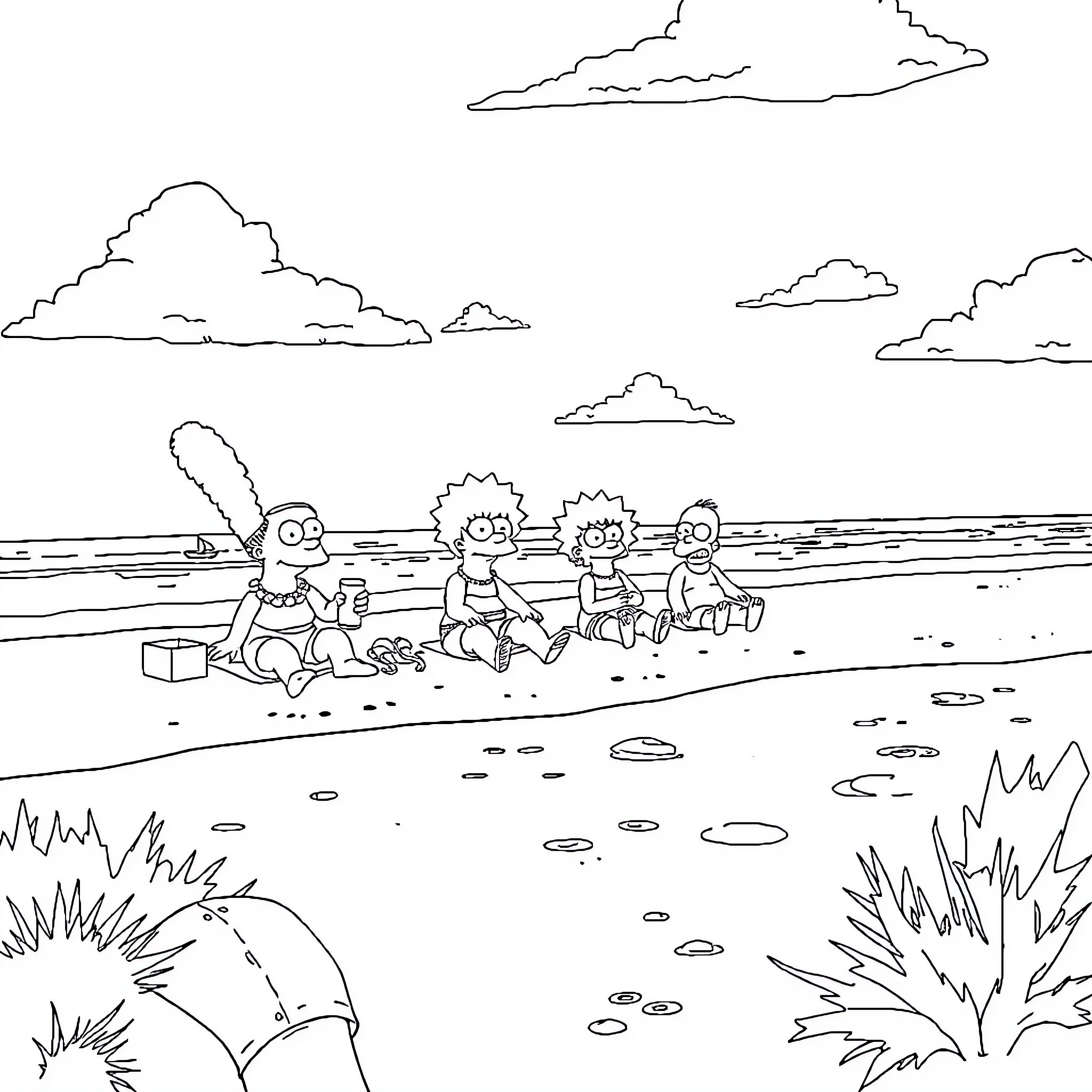 Simpsons enjoying a day at the beach Coloring Page (free black-and-white line drawing printable PDF for all, from beginners to advanced learners, including children, teens, adults, and seniors)