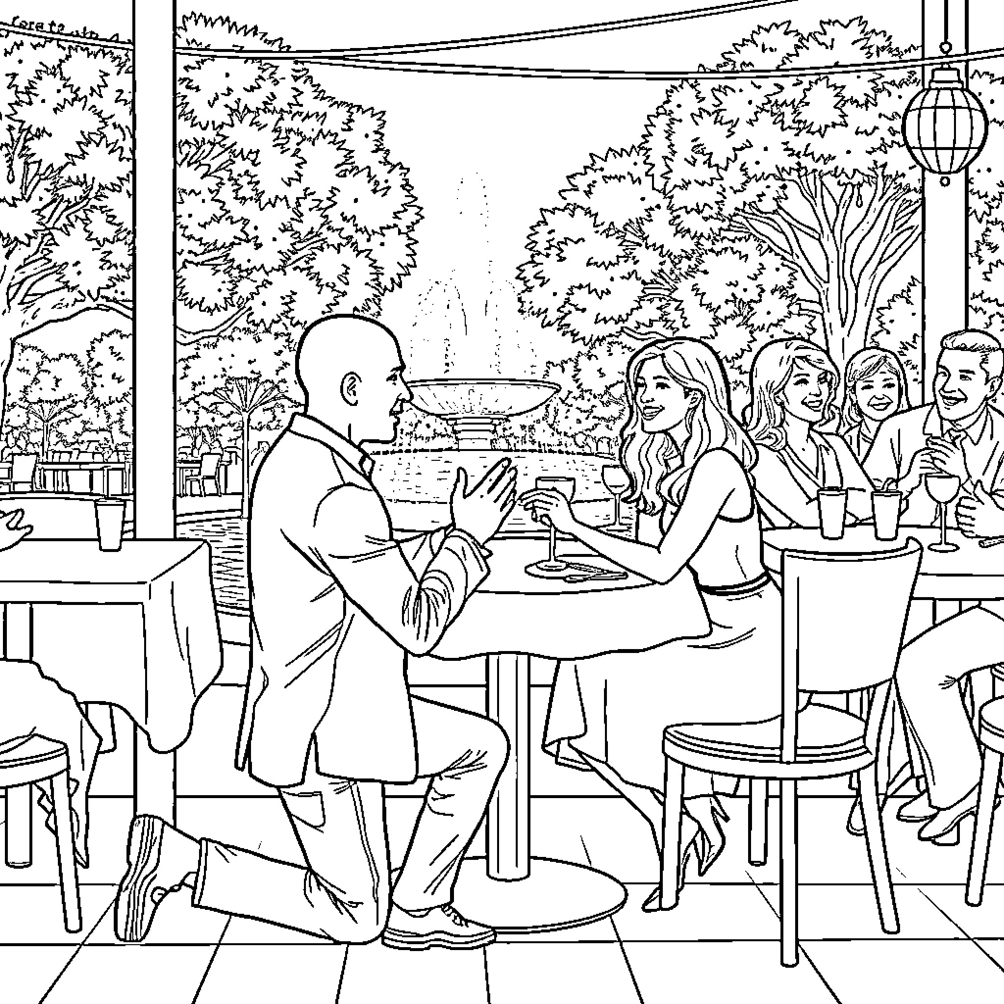 Proposal at an Outdoor Cafe Coloring Page (free black-and-white line drawing printable PDF for all, from beginners to advanced learners, including children, teens, adults, and seniors)