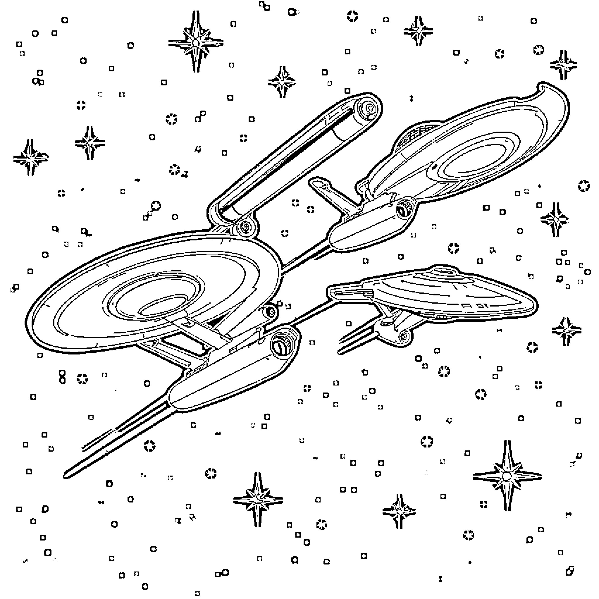 Star Trek Ship Soaring Through Cosmic Expanse Coloring Page (free black-and-white line drawing printable PDF for all, from beginners to advanced learners, including children, teens, adults, and seniors)