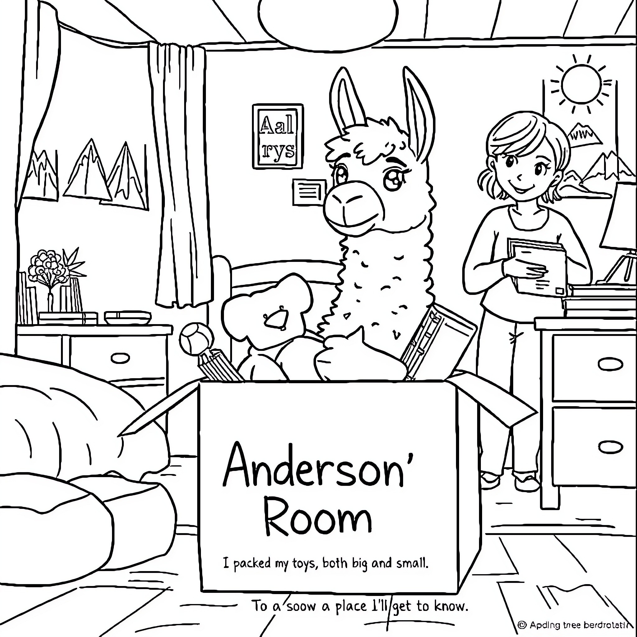 Llama enjoying a cozy room with a friend Coloring Page (free black-and-white line drawing printable PDF for all, from beginners to advanced learners, including children, teens, adults, and seniors)