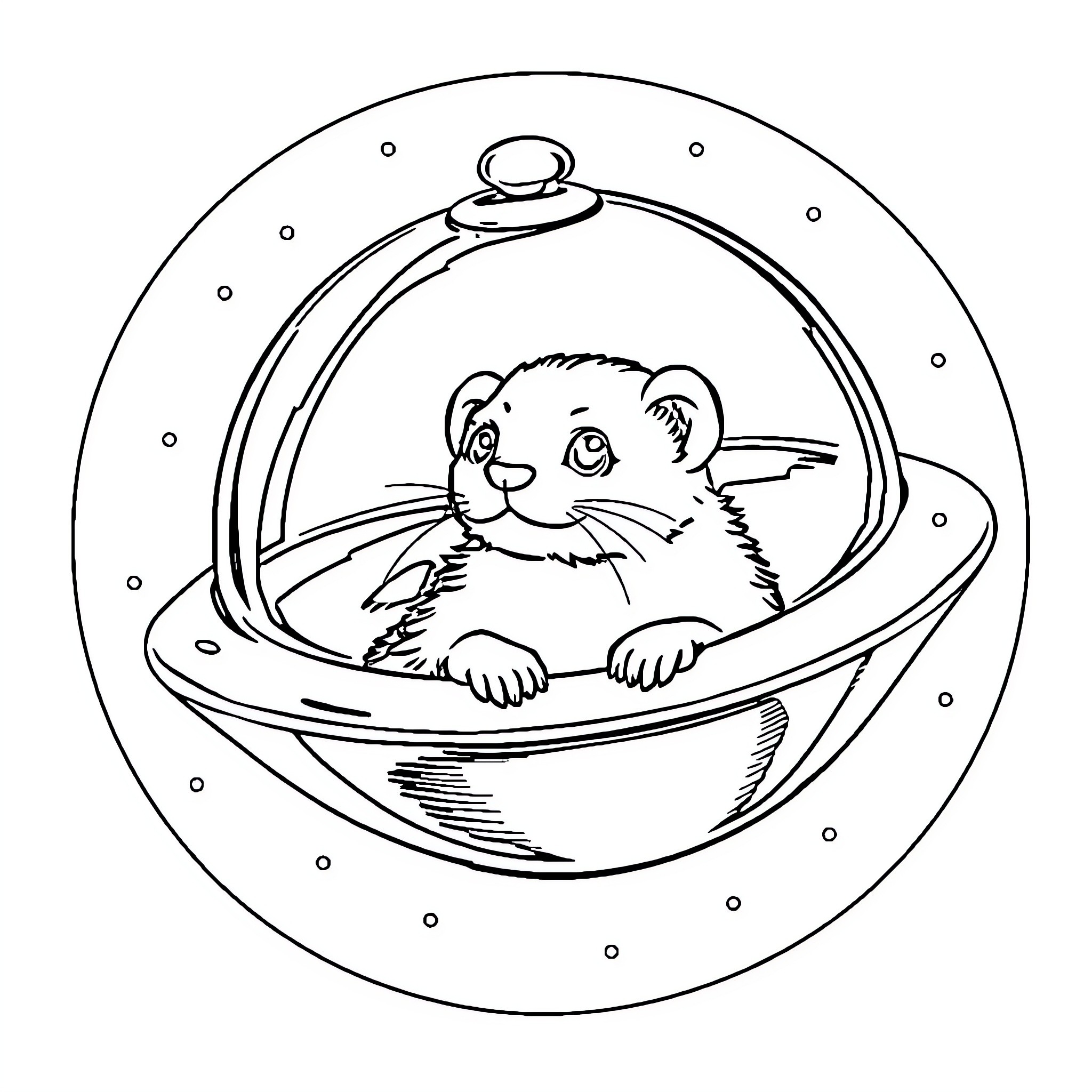 Ferret peering out from a glass bubble Coloring Page (free black-and-white line drawing printable PDF for all, from beginners to advanced learners, including children, teens, adults, and seniors)