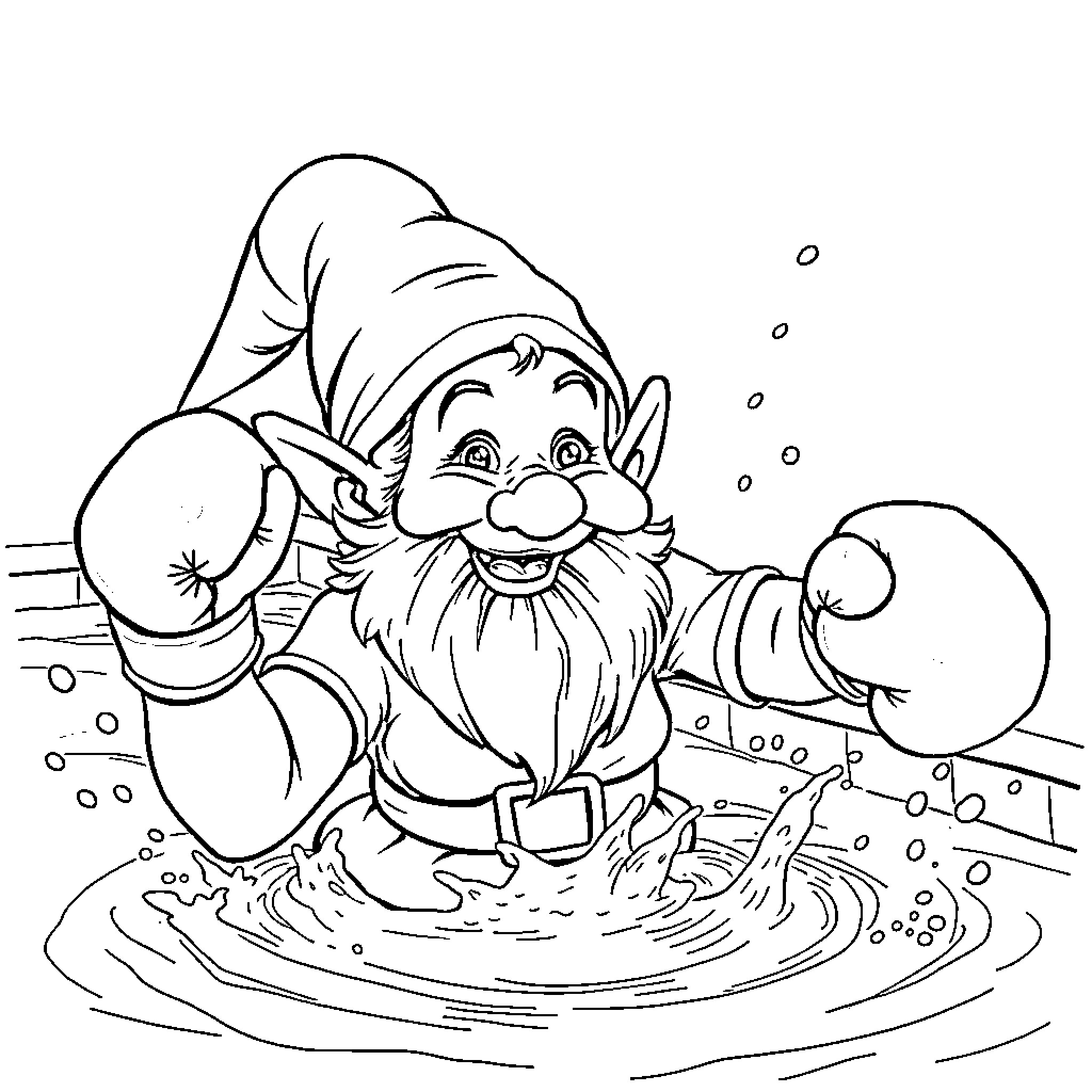 Dwarf wading in water with fishing gear Coloring Page (free black-and-white line drawing printable PDF for all, from beginners to advanced learners, including children, teens, adults, and seniors)