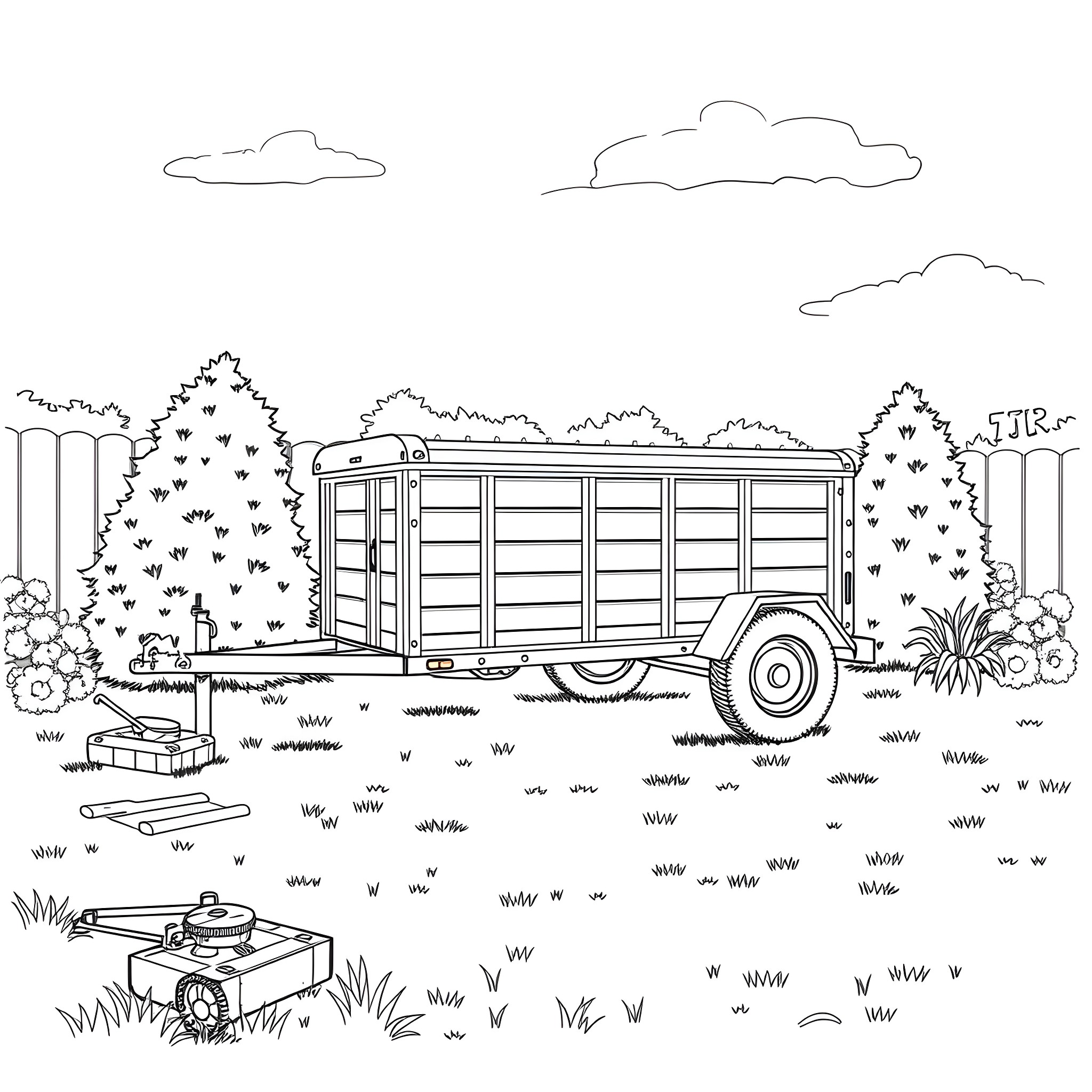 Mower pulling a trailer in a rural landscape Coloring Page (free black-and-white line drawing printable PDF for all, from beginners to advanced learners, including children, teens, adults, and seniors)