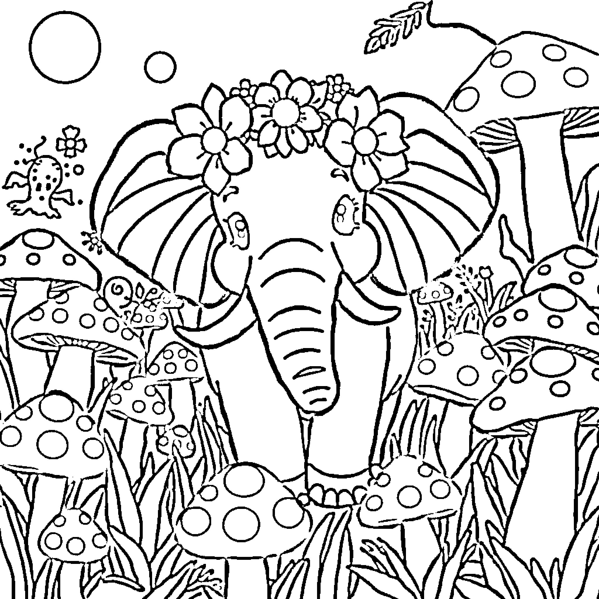 Elephant surrounded by flowers and mushrooms in a whimsical scene Coloring Page (free black-and-white line drawing printable PDF for all, from beginners to advanced learners, including children, teens, adults, and seniors)