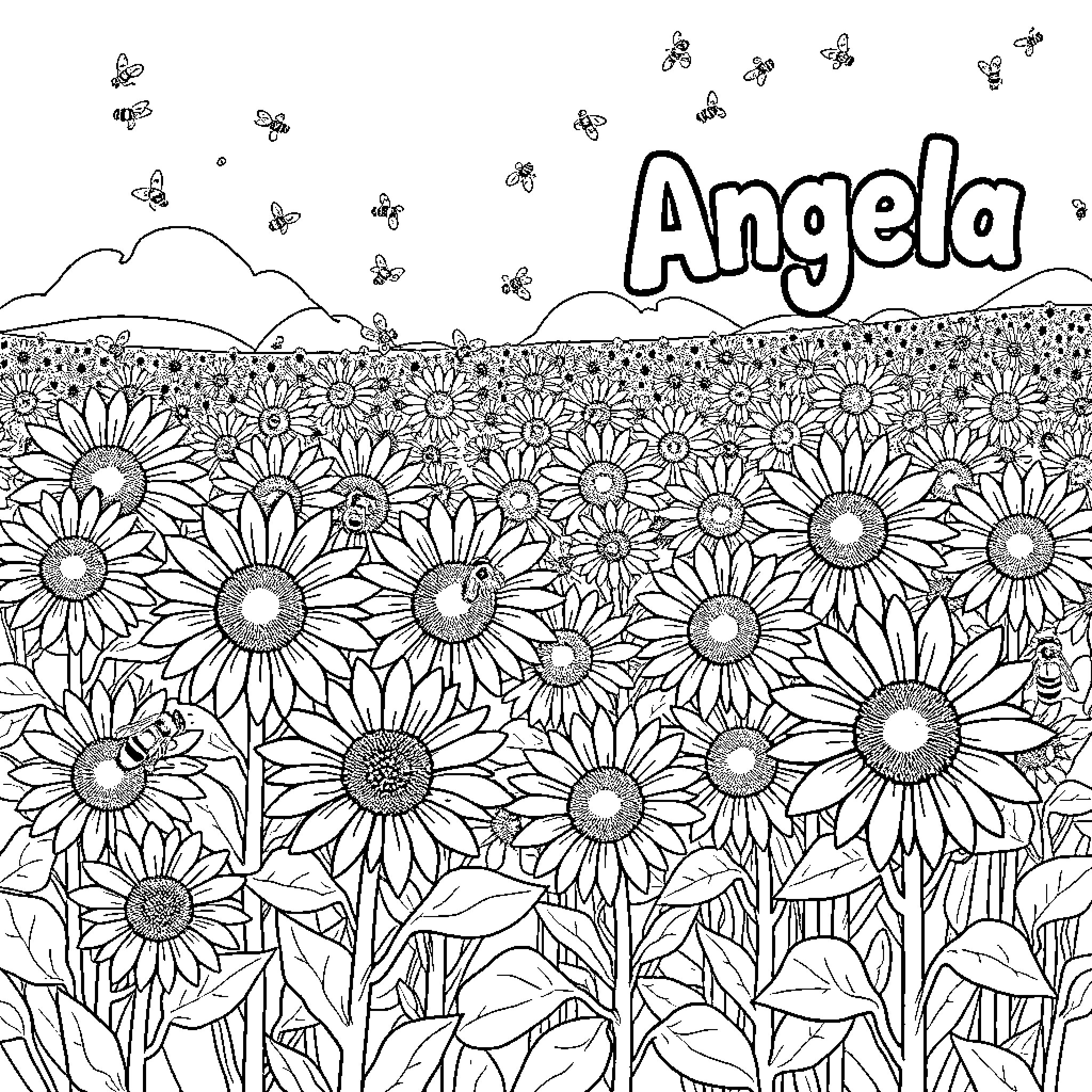 Sunflower field with butterflies and name Coloring Page (free black-and-white line drawing printable PDF for all, from beginners to advanced learners, including children, teens, adults, and seniors)