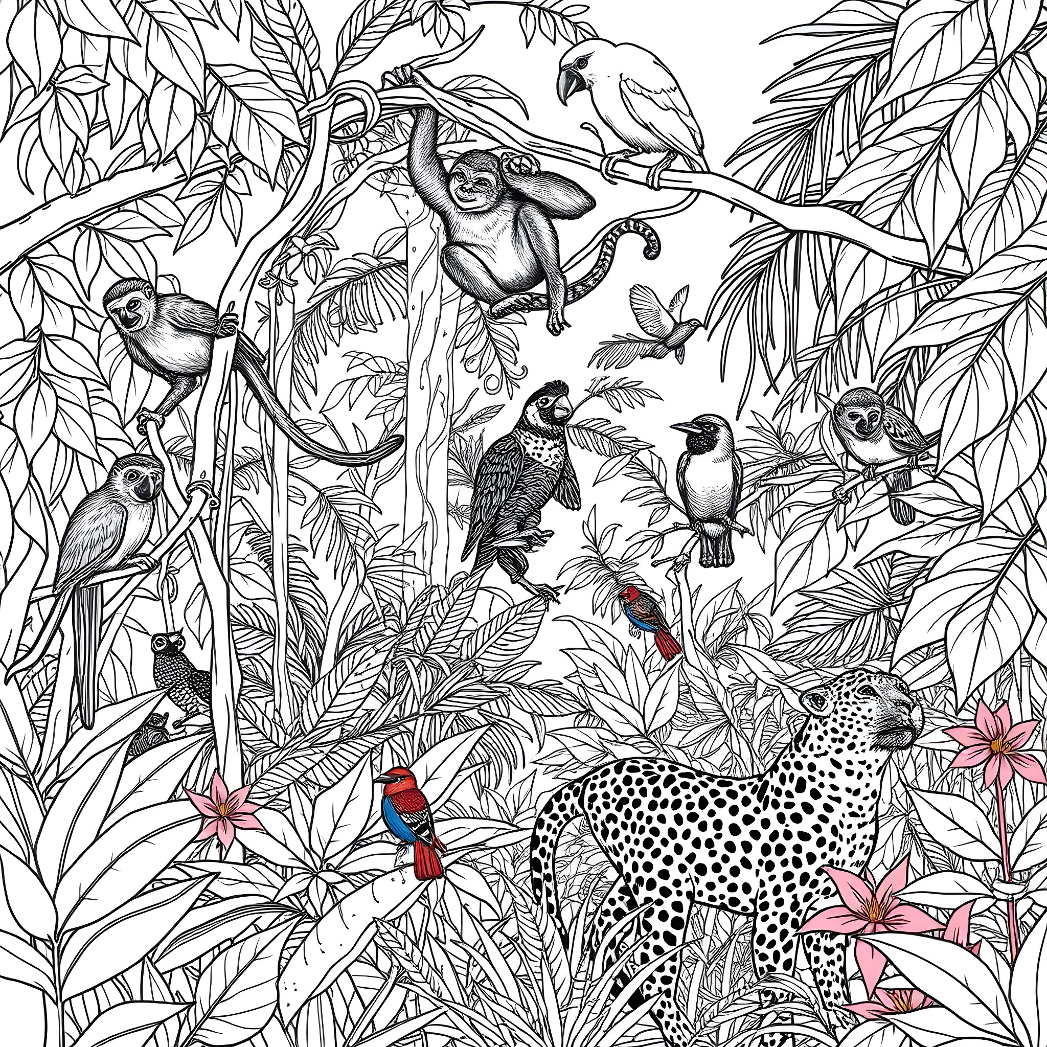 Animal Adventure in the Lush Tropical Jungle Coloring Page (free black-and-white line drawing printable PDF for all, from beginners to advanced learners, including children, teens, adults, and seniors)