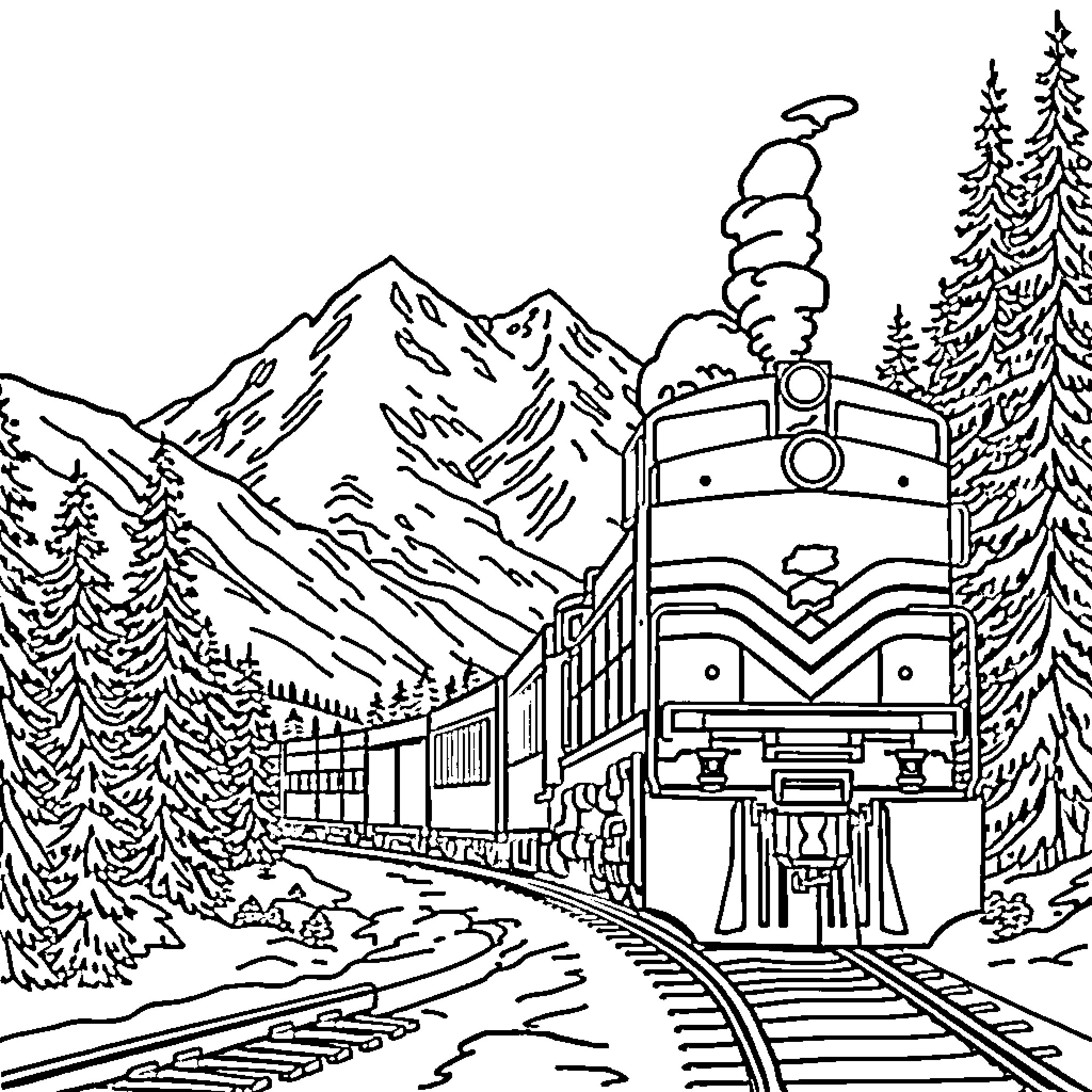 Train traveling through scenic mountain landscape Coloring Page (free black-and-white line drawing printable PDF for all, from beginners to advanced learners, including children, teens, adults, and seniors)