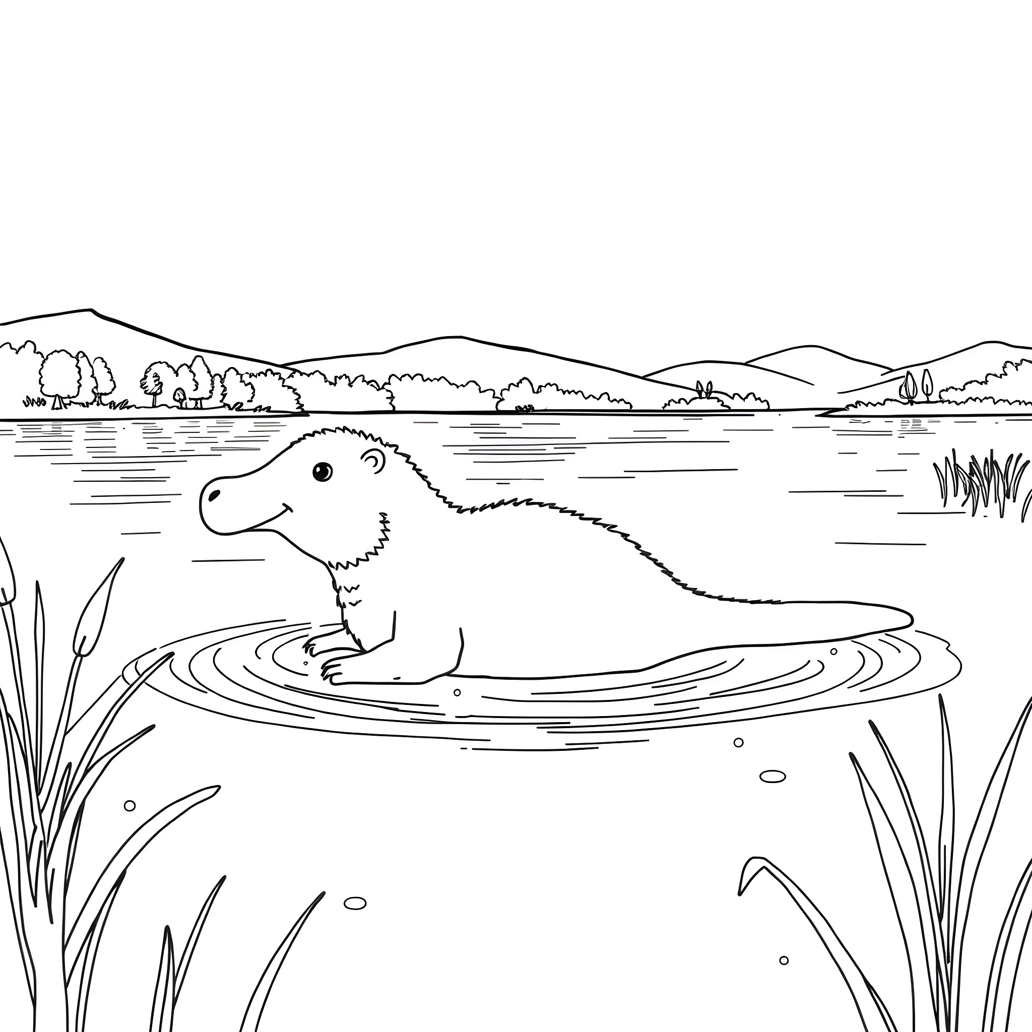 Platypus swimming in the lake Coloring Page (free black-and-white line drawing printable PDF for all, from beginners to advanced learners, including children, teens, adults, and seniors)