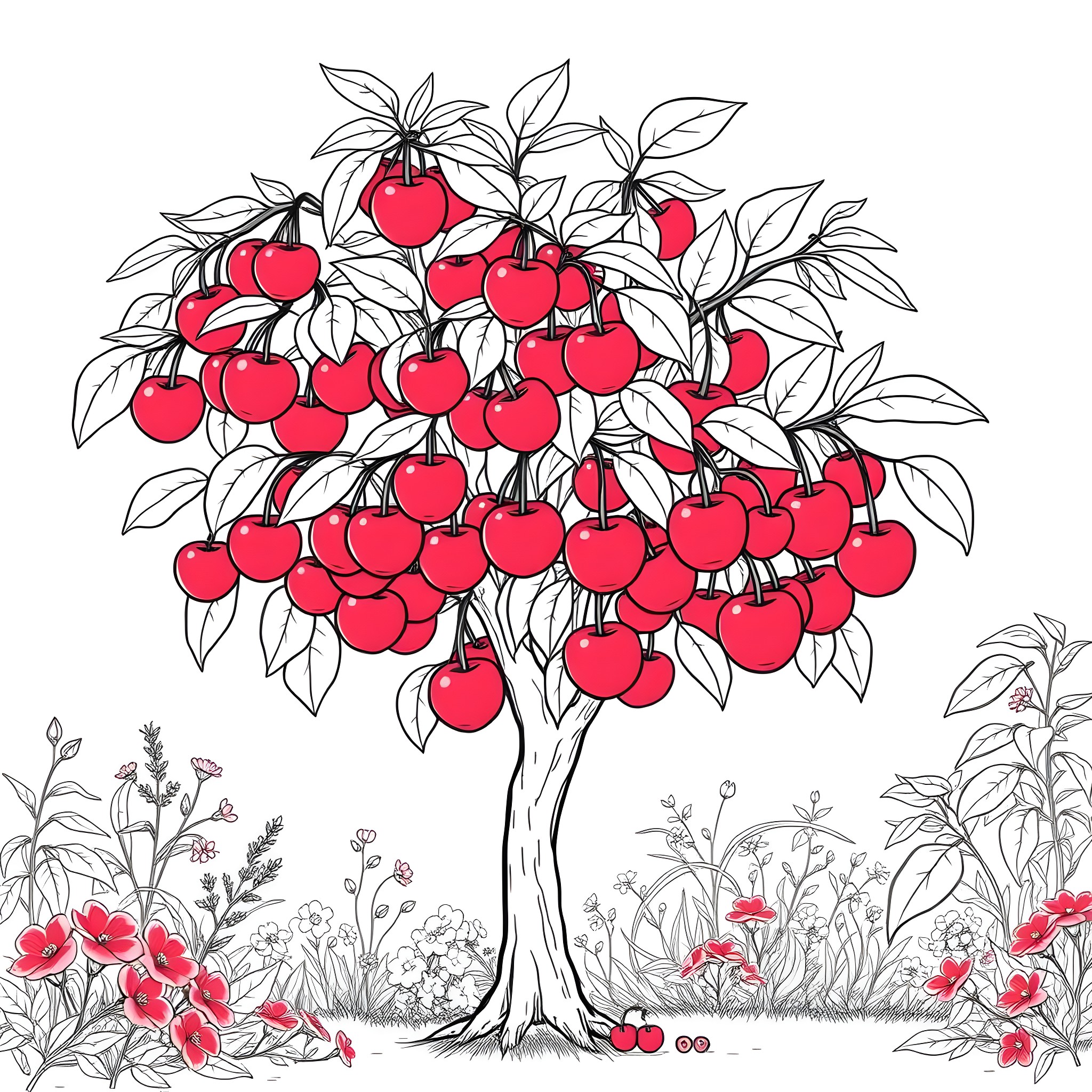 Acerola: A Bountiful Cherry Tree in the Garden Coloring Page (free black-and-white line drawing printable PDF for all, from beginners to advanced learners, including children, teens, adults, and seniors)