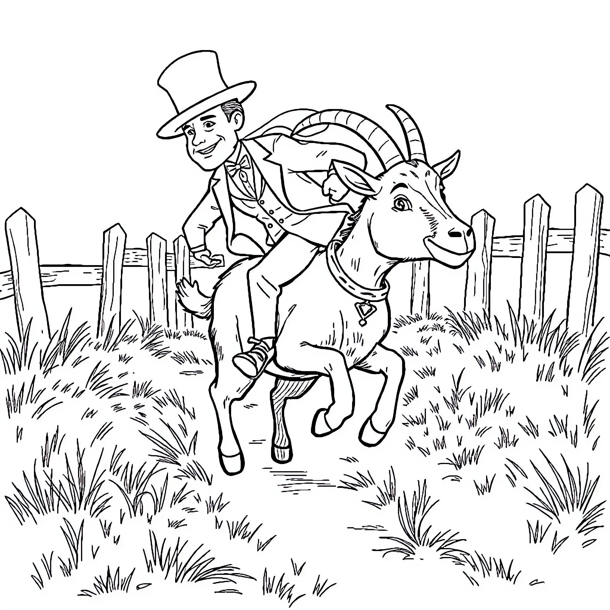 Goat carrying a well-dressed man through a field Coloring Page (free black-and-white line drawing printable PDF for all, from beginners to advanced learners, including children, teens, adults, and seniors)