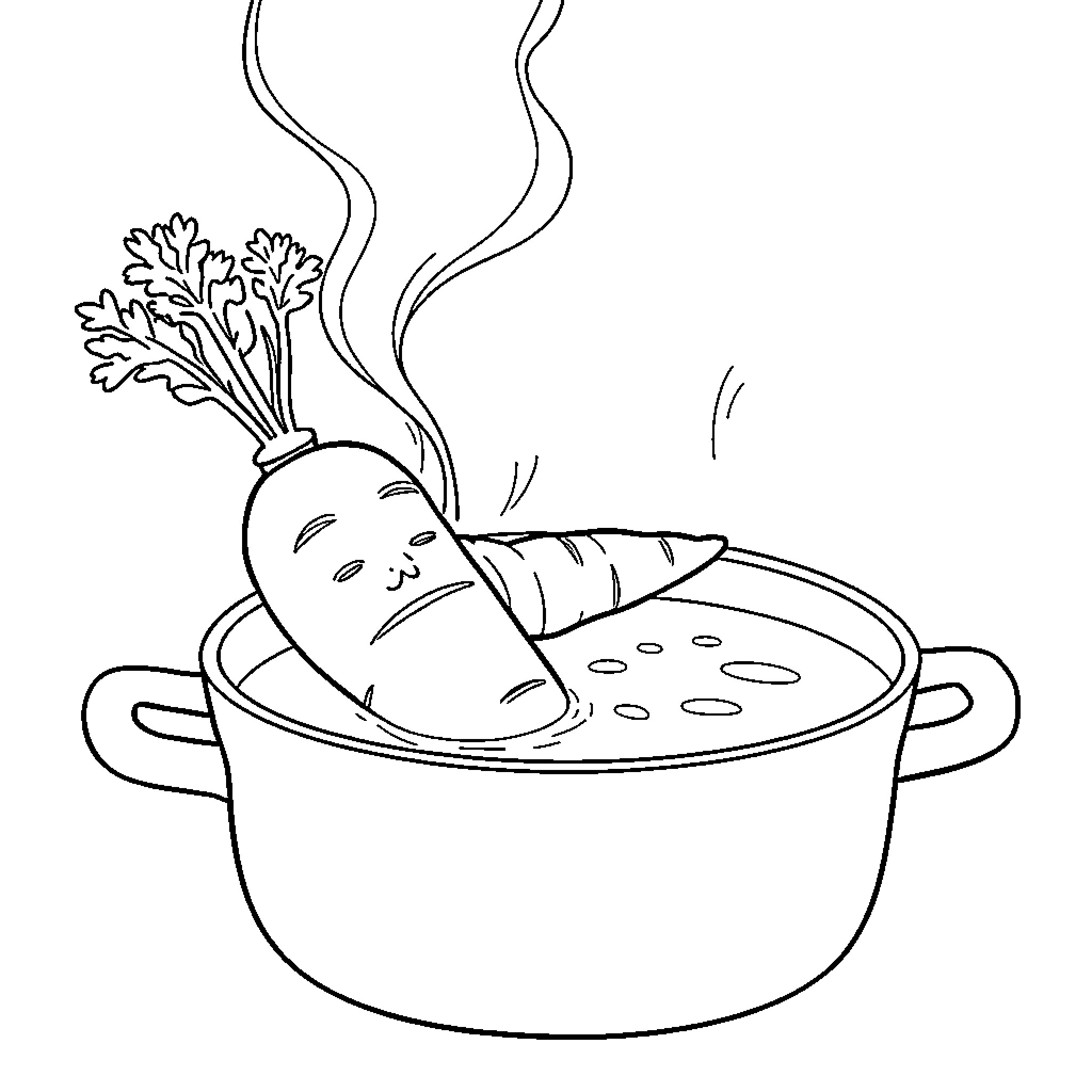 Carrot boiling in a steaming pot Coloring Page (free black-and-white line drawing printable PDF for all, from beginners to advanced learners, including children, teens, adults, and seniors)