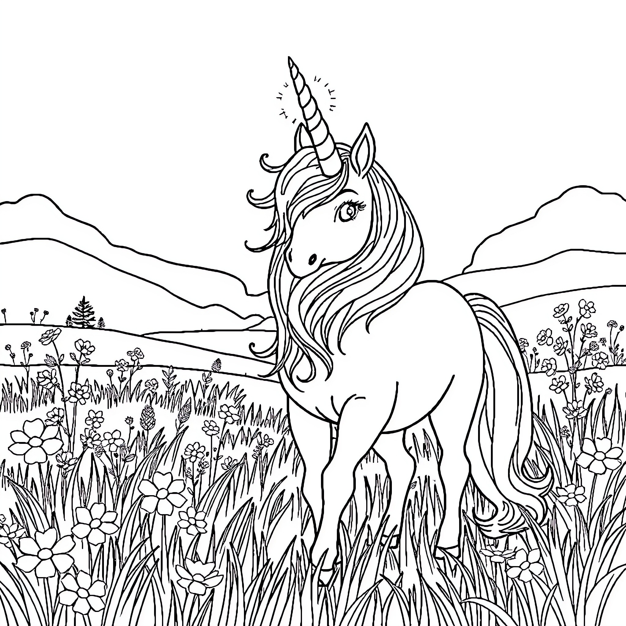Unicorn standing in a magical meadow Coloring Page (free black-and-white line drawing printable PDF for all, from beginners to advanced learners, including children, teens, adults, and seniors)
