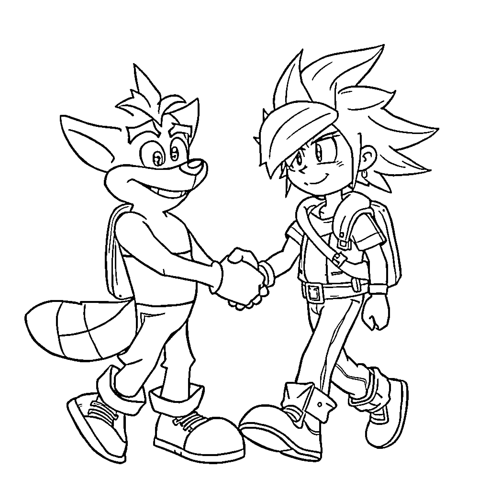 Cloud Strife shakes hands with cartoon character Coloring Page (free black-and-white line drawing printable PDF for all, from beginners to advanced learners, including children, teens, adults, and seniors)