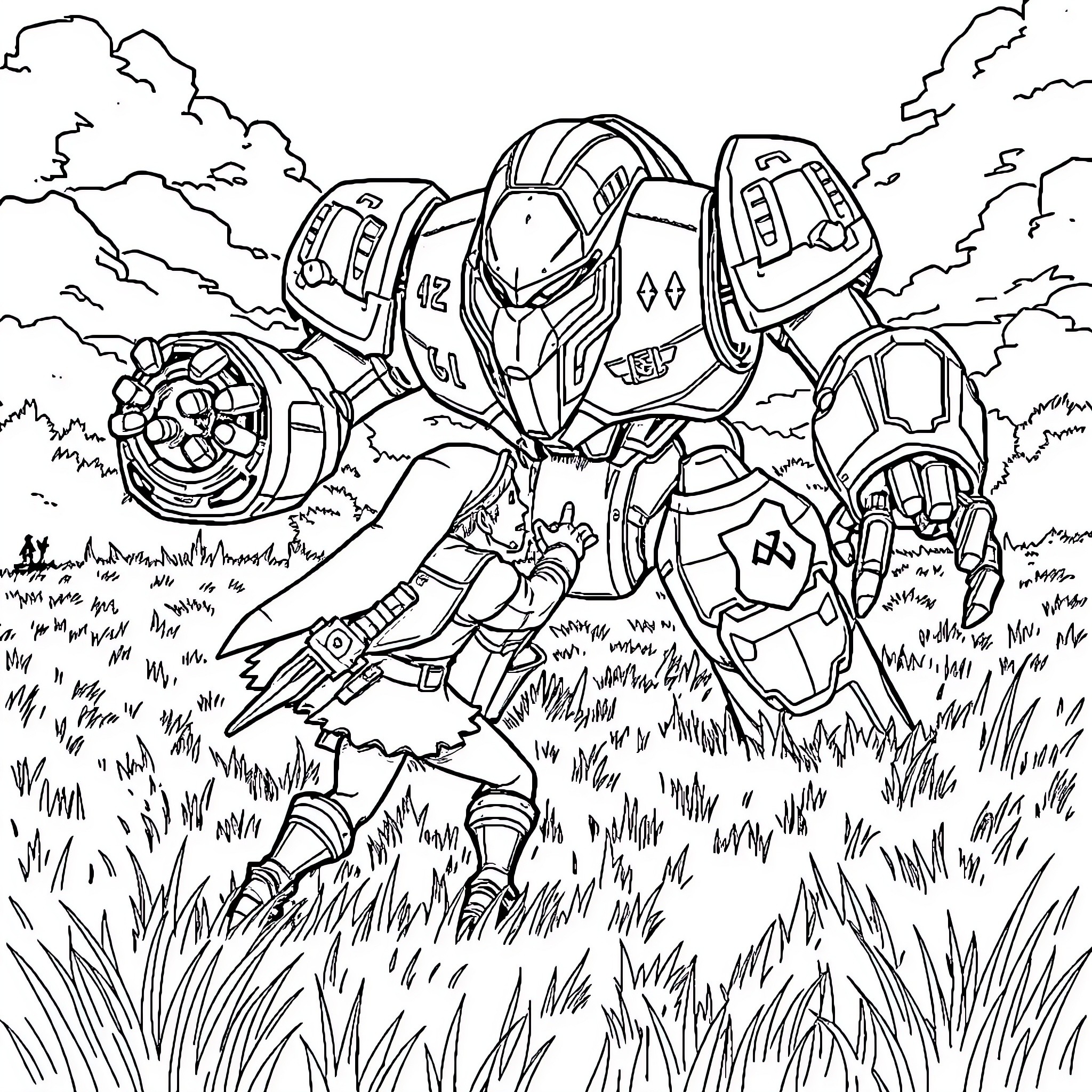 Link to the Futuristic Mech in the Grassland Coloring Page (free black-and-white line drawing printable PDF for all, from beginners to advanced learners, including children, teens, adults, and seniors)