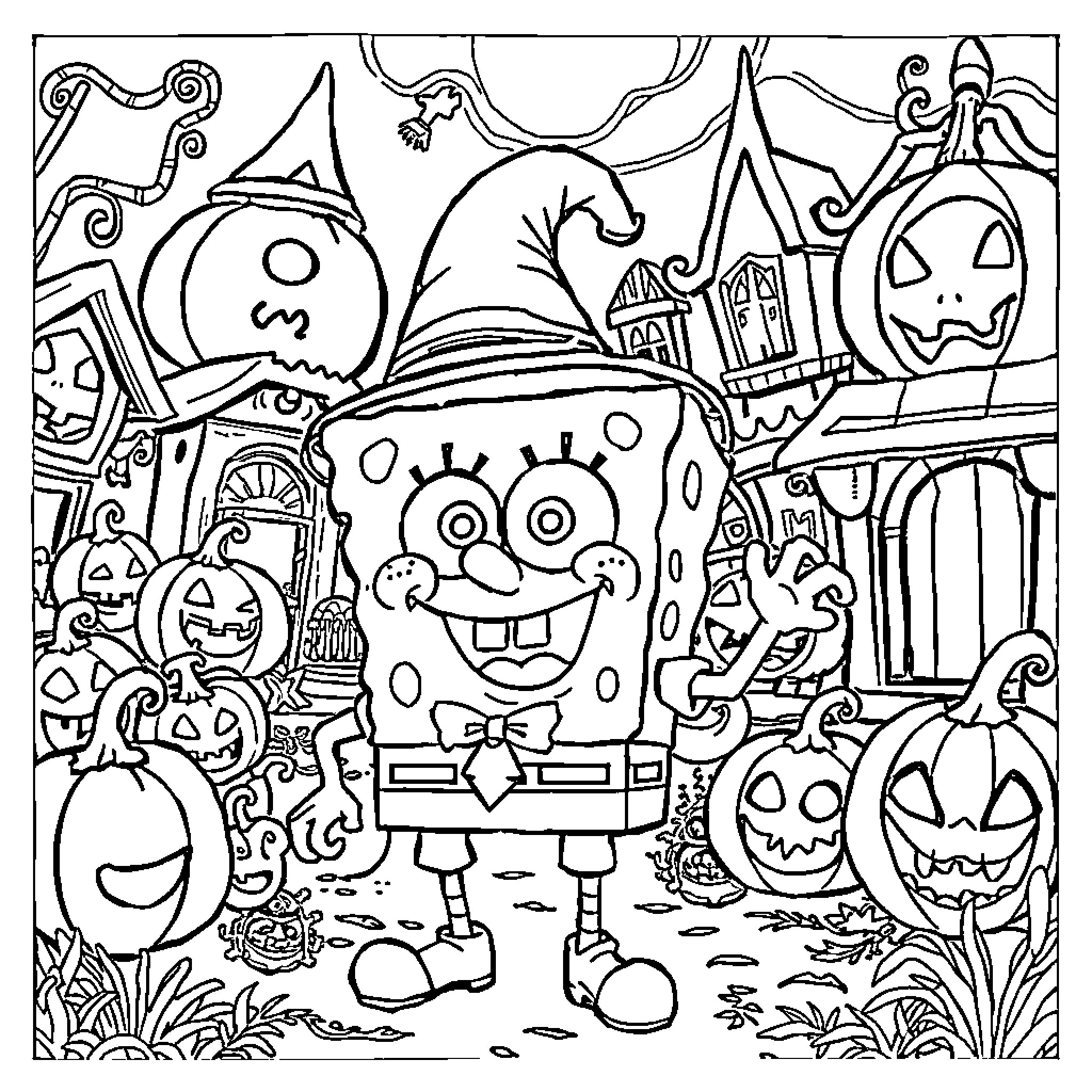 Spongebob enjoying a spooky Halloween celebration Coloring Page (free black-and-white line drawing printable PDF for all, from beginners to advanced learners, including children, teens, adults, and seniors)