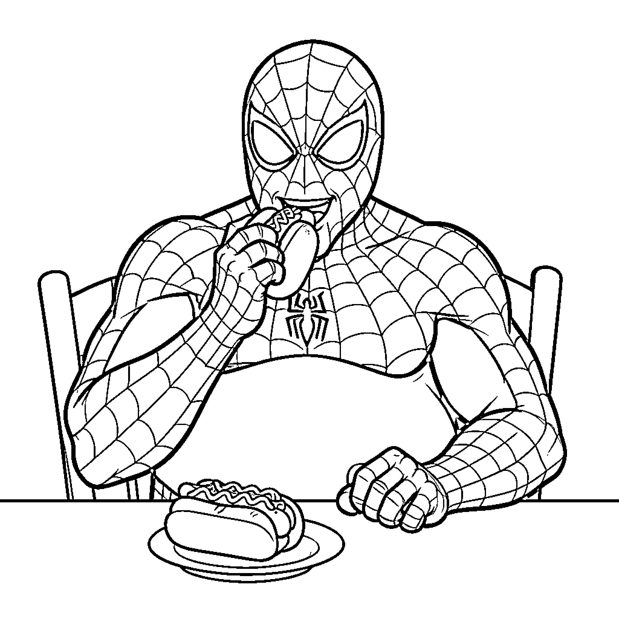Spiderman eating a delicious hot dog at a table Coloring Page (free black-and-white line drawing printable PDF for all, from beginners to advanced learners, including children, teens, adults, and seniors)