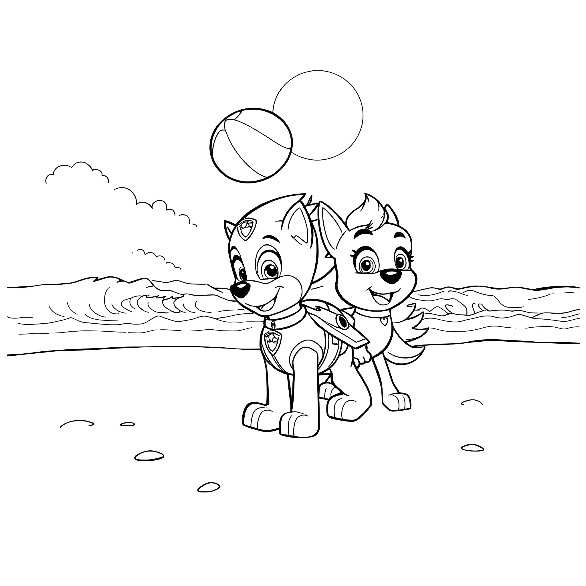Chase on the Beach with Friends Coloring Page (free black-and-white line drawing printable PDF for all, from beginners to advanced learners, including children, teens, adults, and seniors)
