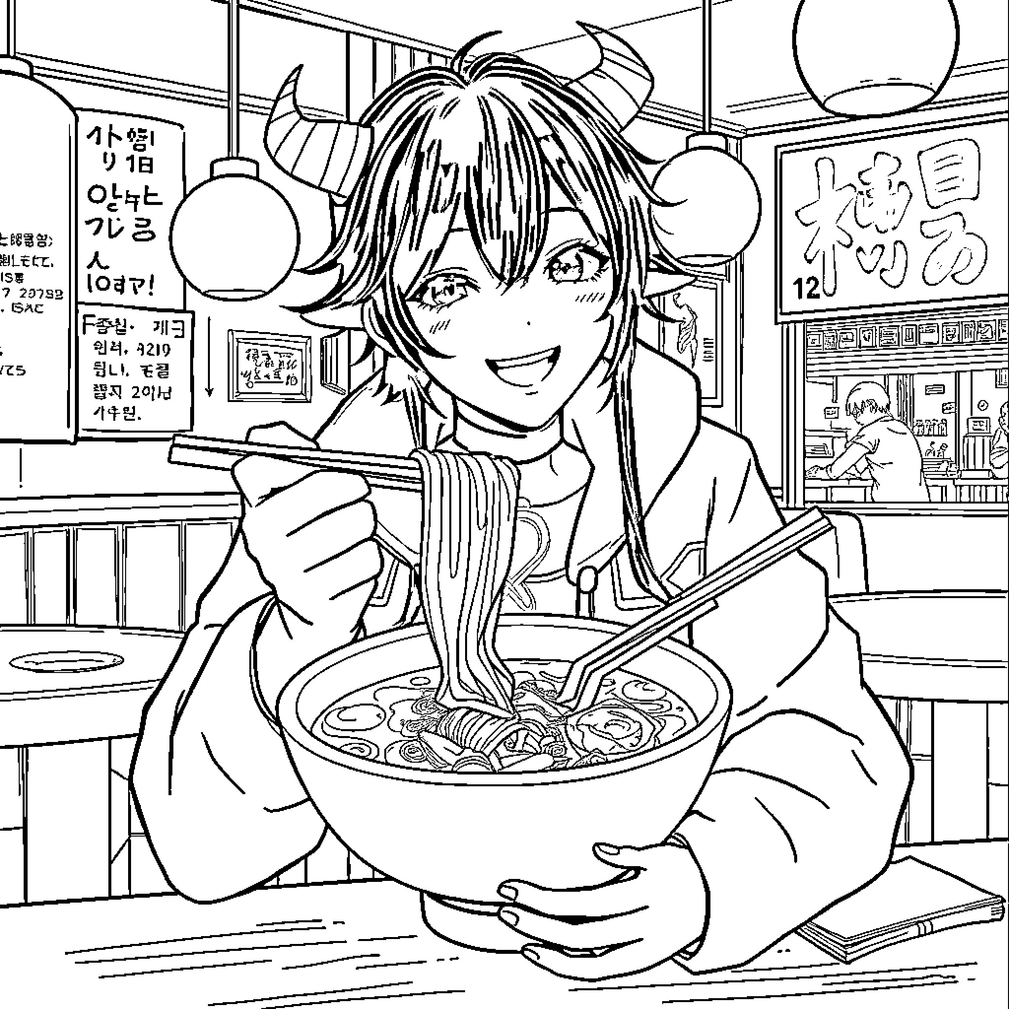 Rumi enjoying a warm meal in a cozy cafe Coloring Page (free black-and-white line drawing printable PDF for all, from beginners to advanced learners, including children, teens, adults, and seniors)