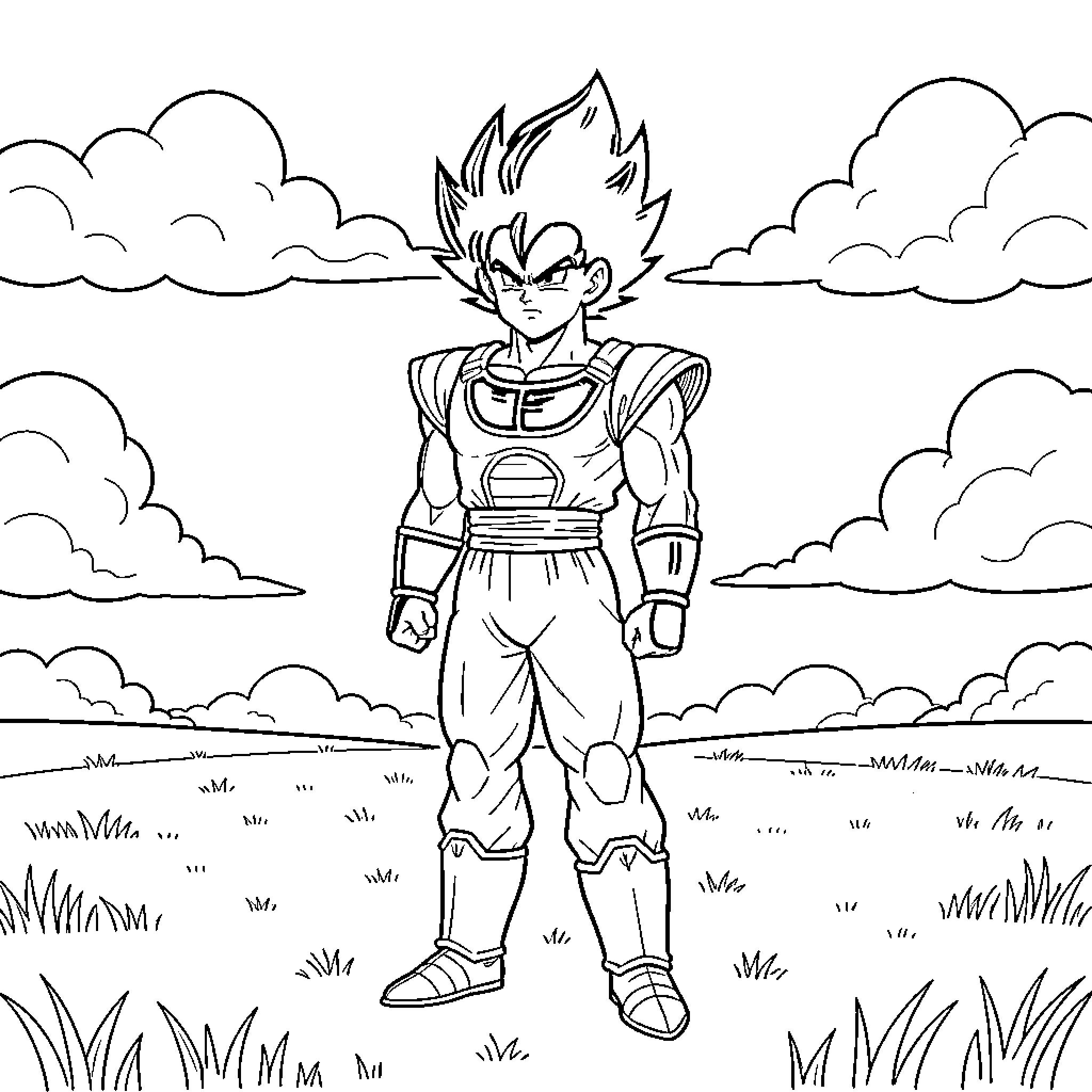 Vegeta standing in heroic pose in nature Coloring Page (free black-and-white line drawing printable PDF for all, from beginners to advanced learners, including children, teens, adults, and seniors)