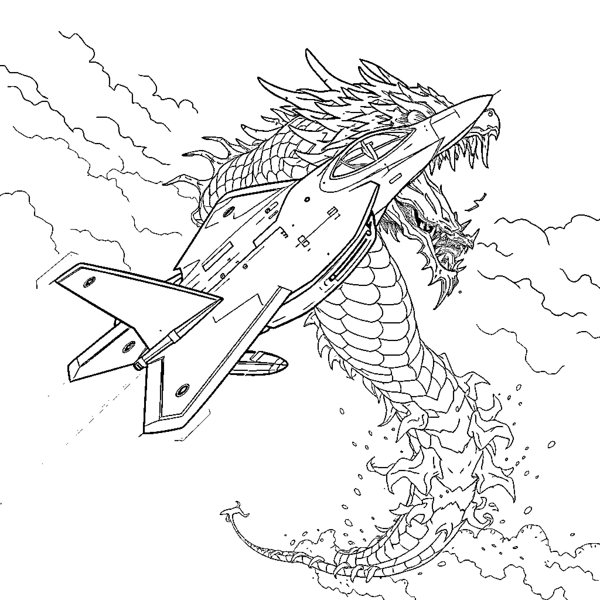 F-35 Fighter Jet Battling Mythical Dragon Coloring Page (free black-and-white line drawing printable PDF for all, from beginners to advanced learners, including children, teens, adults, and seniors)