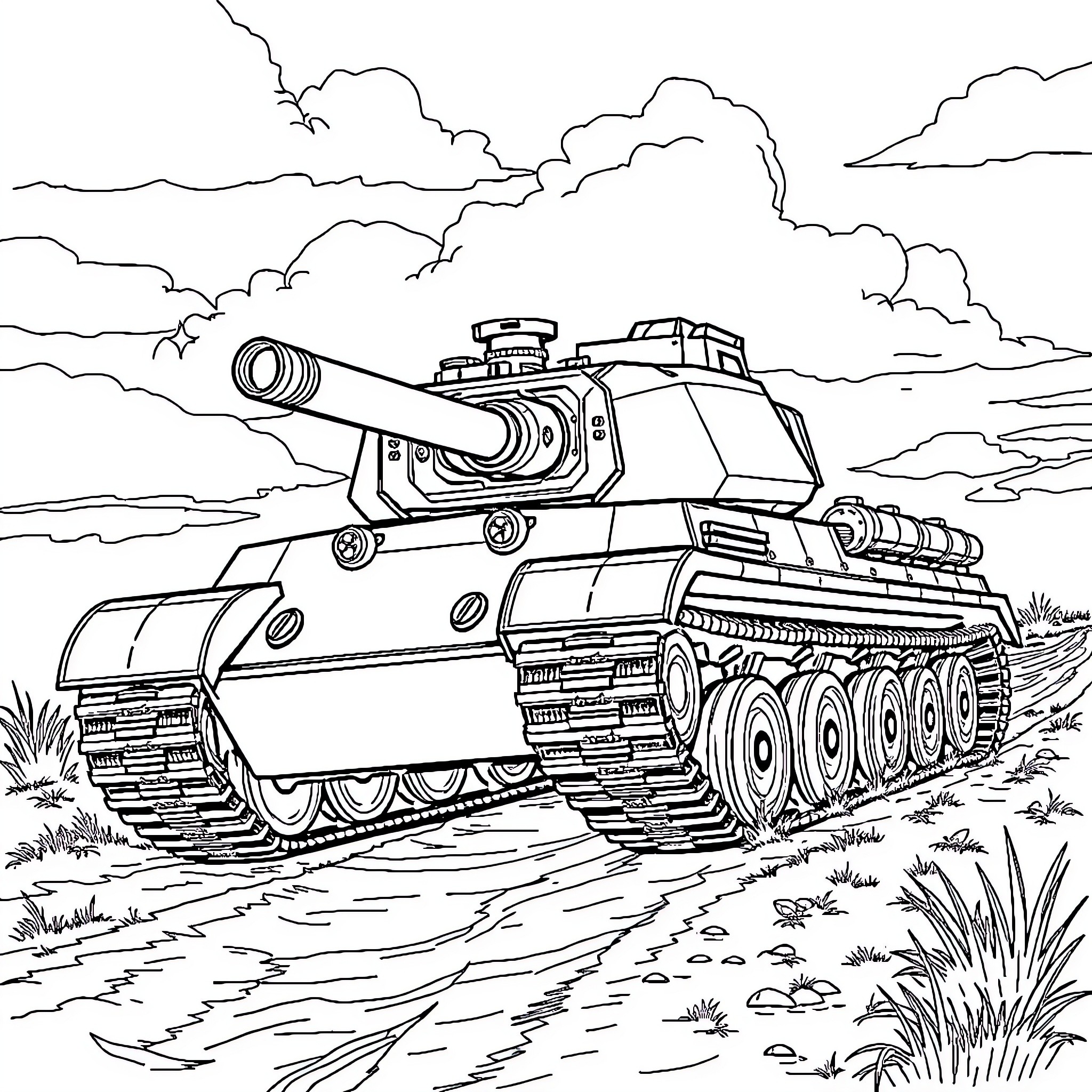 Tank on the move through a cloudy battlefield Coloring Page (free black-and-white line drawing printable PDF for all, from beginners to advanced learners, including children, teens, adults, and seniors)