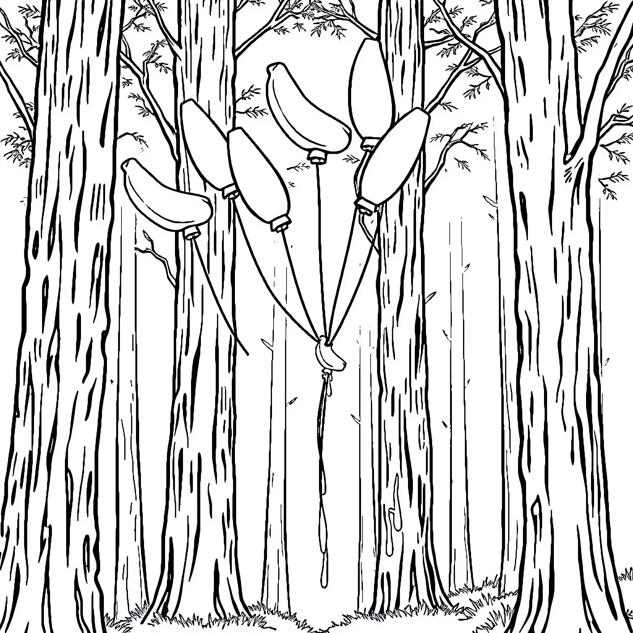 Banana-shaped trees in the forest Coloring Page (free black-and-white line drawing printable PDF for all, from beginners to advanced learners, including children, teens, adults, and seniors)