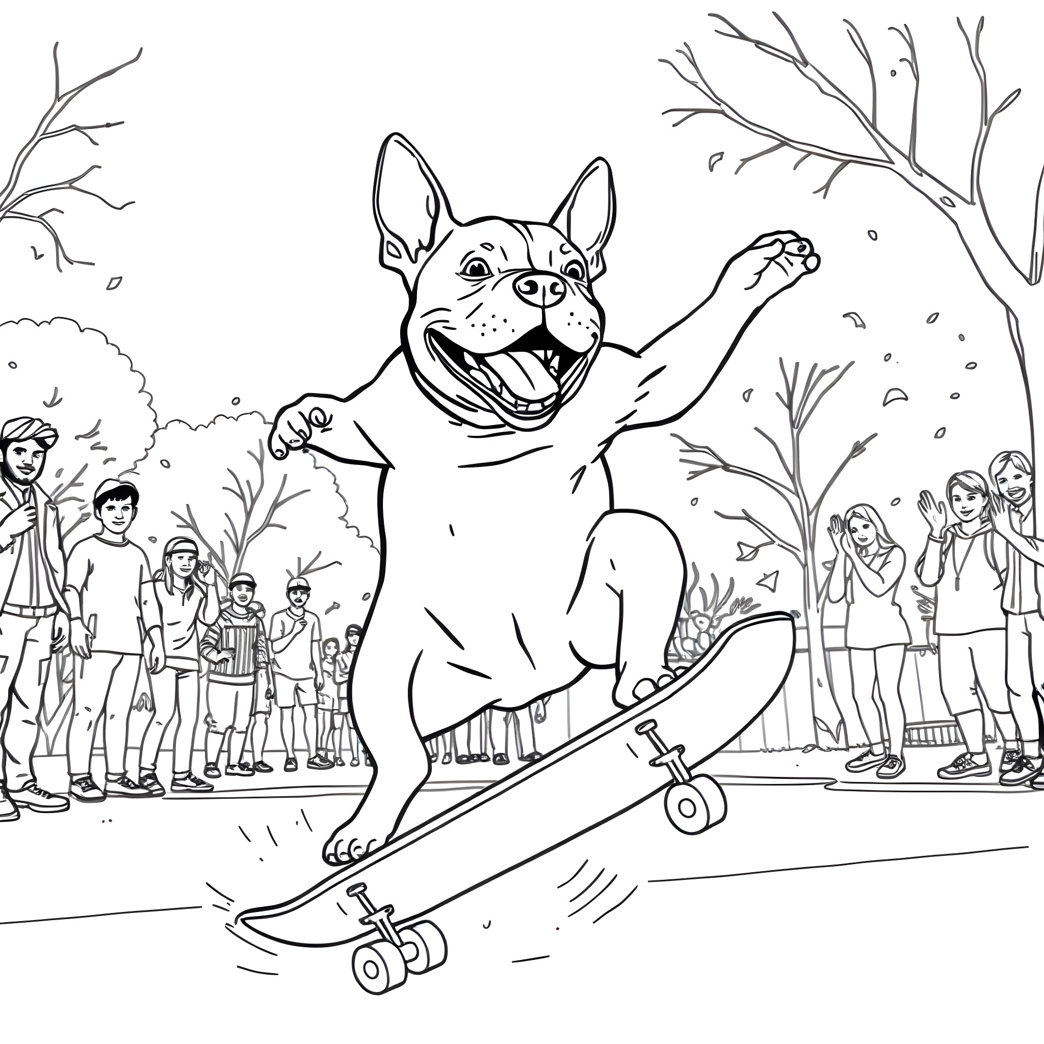 Staffordshire Bull Terrier skateboarding with crowd Coloring Page (free black-and-white line drawing printable PDF for all, from beginners to advanced learners, including children, teens, adults, and seniors)