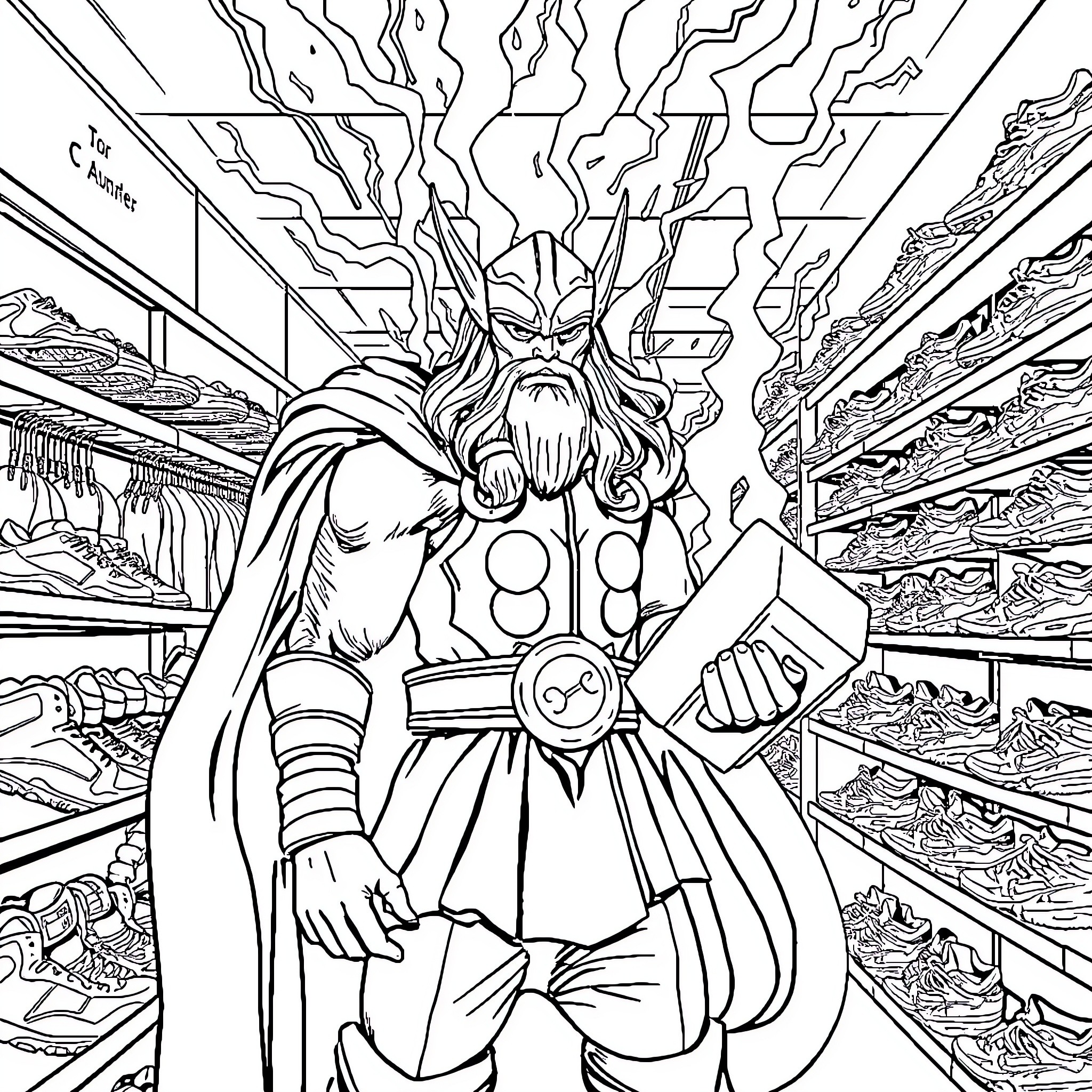Thor Wielding Mjolnir in a Fantastical Realm Coloring Page (free black-and-white line drawing printable PDF for all, from beginners to advanced learners, including children, teens, adults, and seniors)