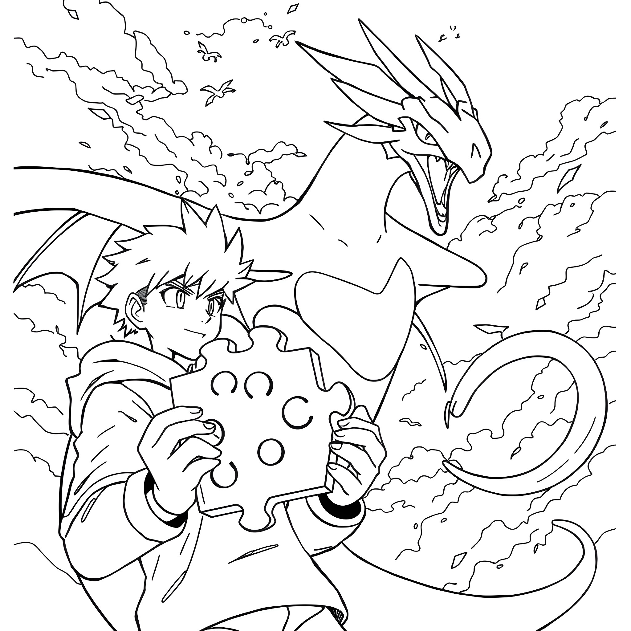 Human fighting a mythical creature in a fantastical scene Coloring Page (free black-and-white line drawing printable PDF for all, from beginners to advanced learners, including children, teens, adults, and seniors)