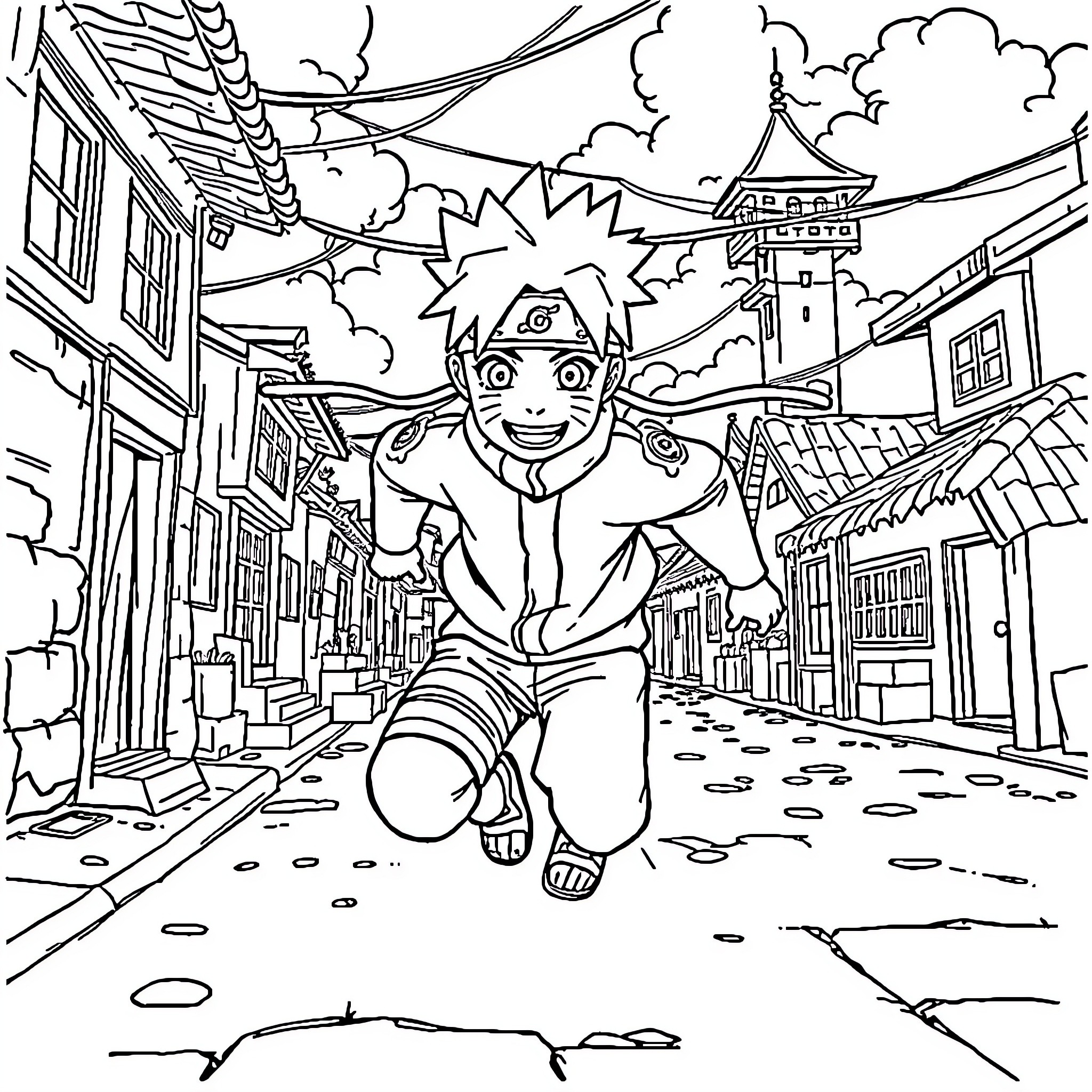 Naruto running joyfully through the village Coloring Page (free black-and-white line drawing printable PDF for all, from beginners to advanced learners, including children, teens, adults, and seniors)