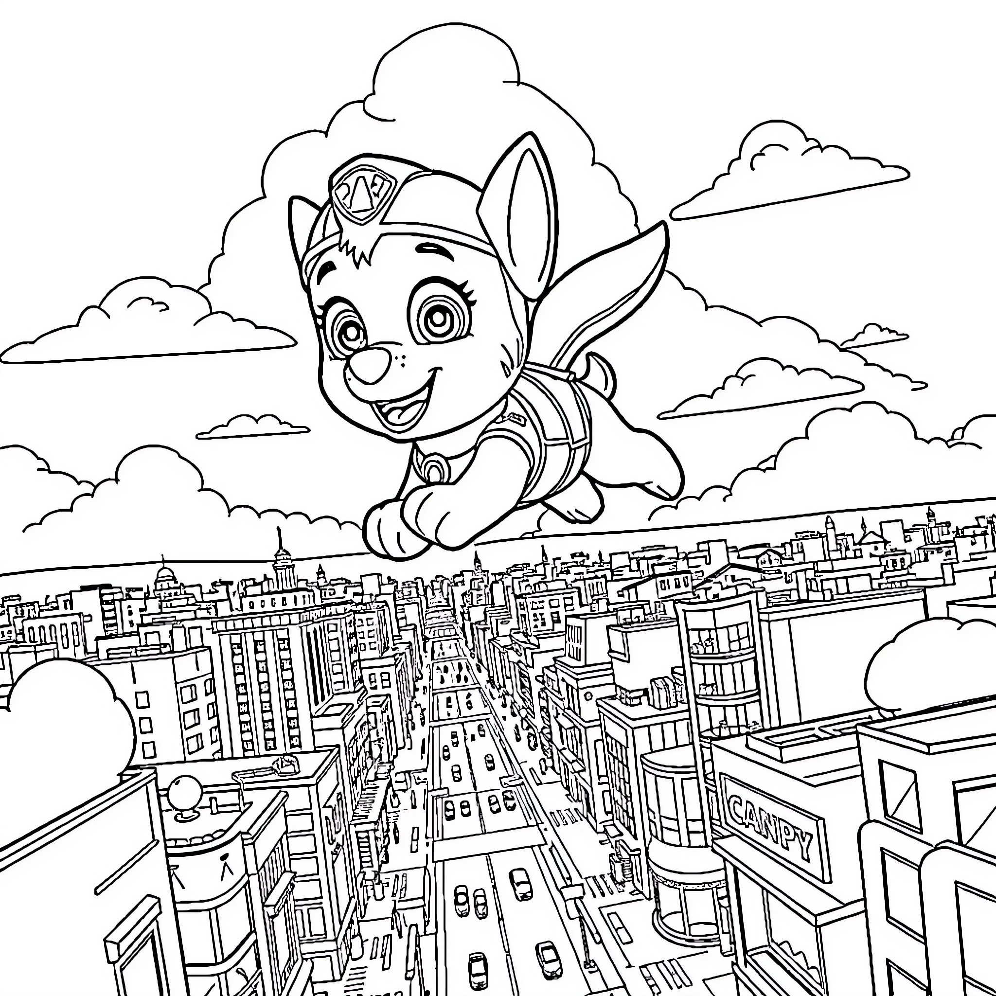 Skye soaring over the city Coloring Page (free black-and-white line drawing printable PDF for all, from beginners to advanced learners, including children, teens, adults, and seniors)