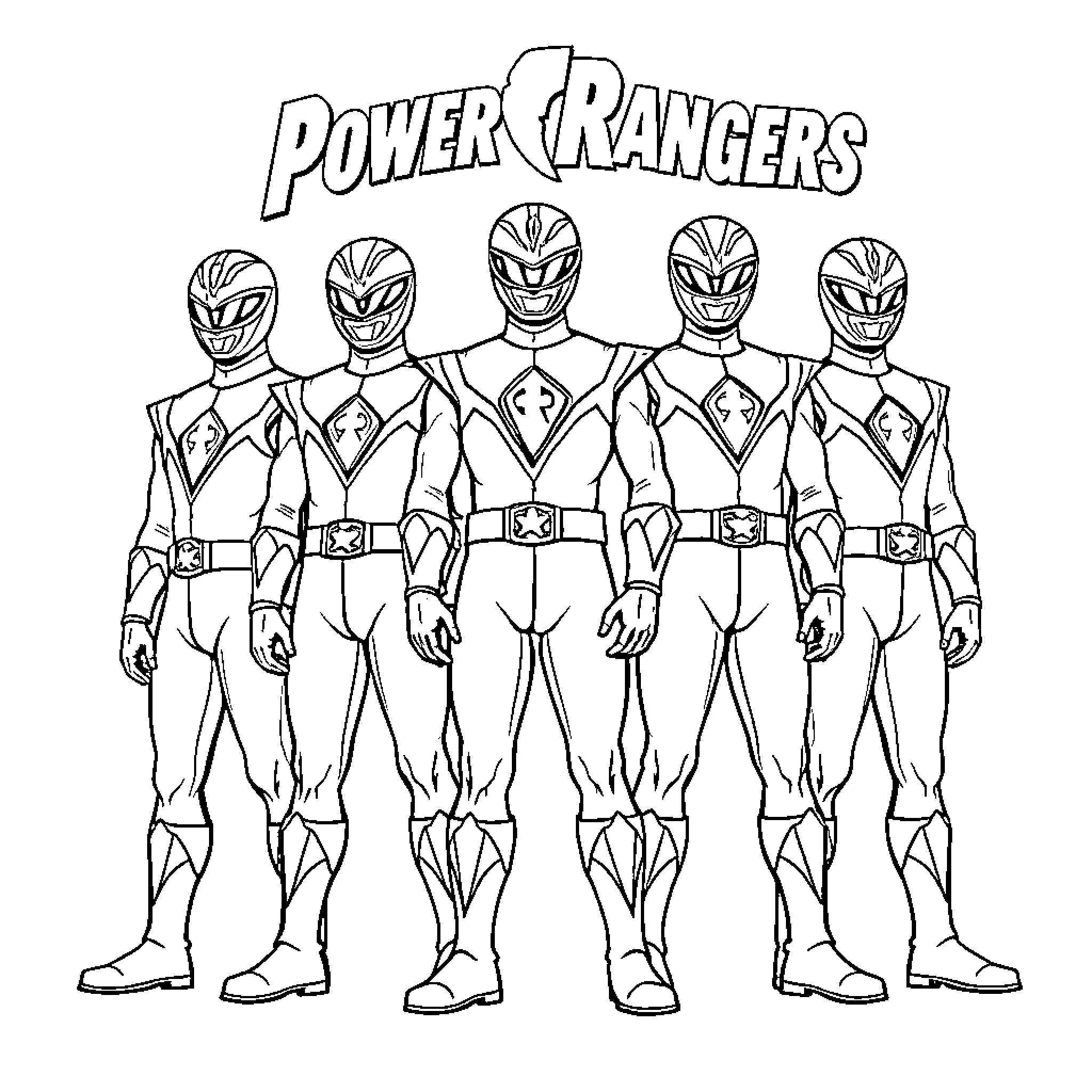 Power Rangers in heroic pose Coloring Page (free black-and-white line drawing printable PDF for all, from beginners to advanced learners, including children, teens, adults, and seniors)
