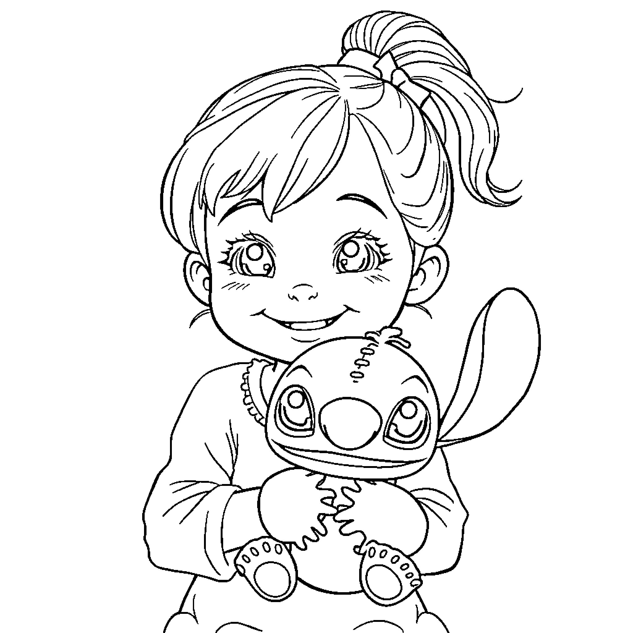 Girl playing with cute plush toy Coloring Page (free black-and-white line drawing printable PDF for all, from beginners to advanced learners, including children, teens, adults, and seniors)