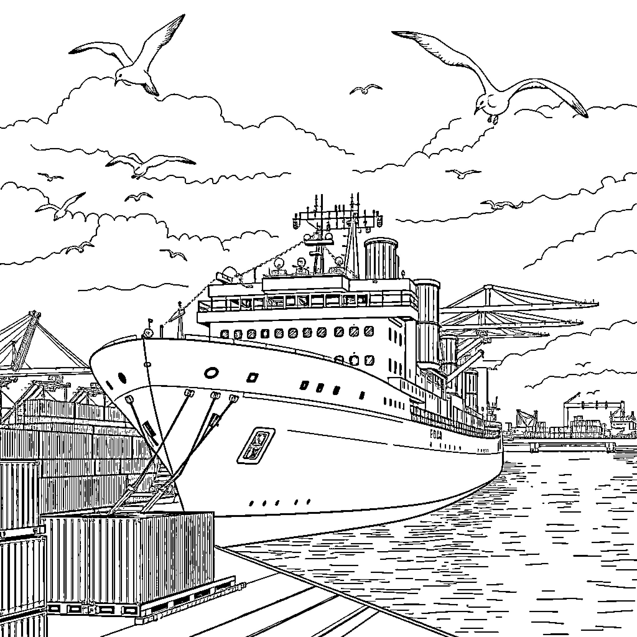 Ship docked at port with seagulls in the sky Coloring Page (free black-and-white line drawing printable PDF for all, from beginners to advanced learners, including children, teens, adults, and seniors)