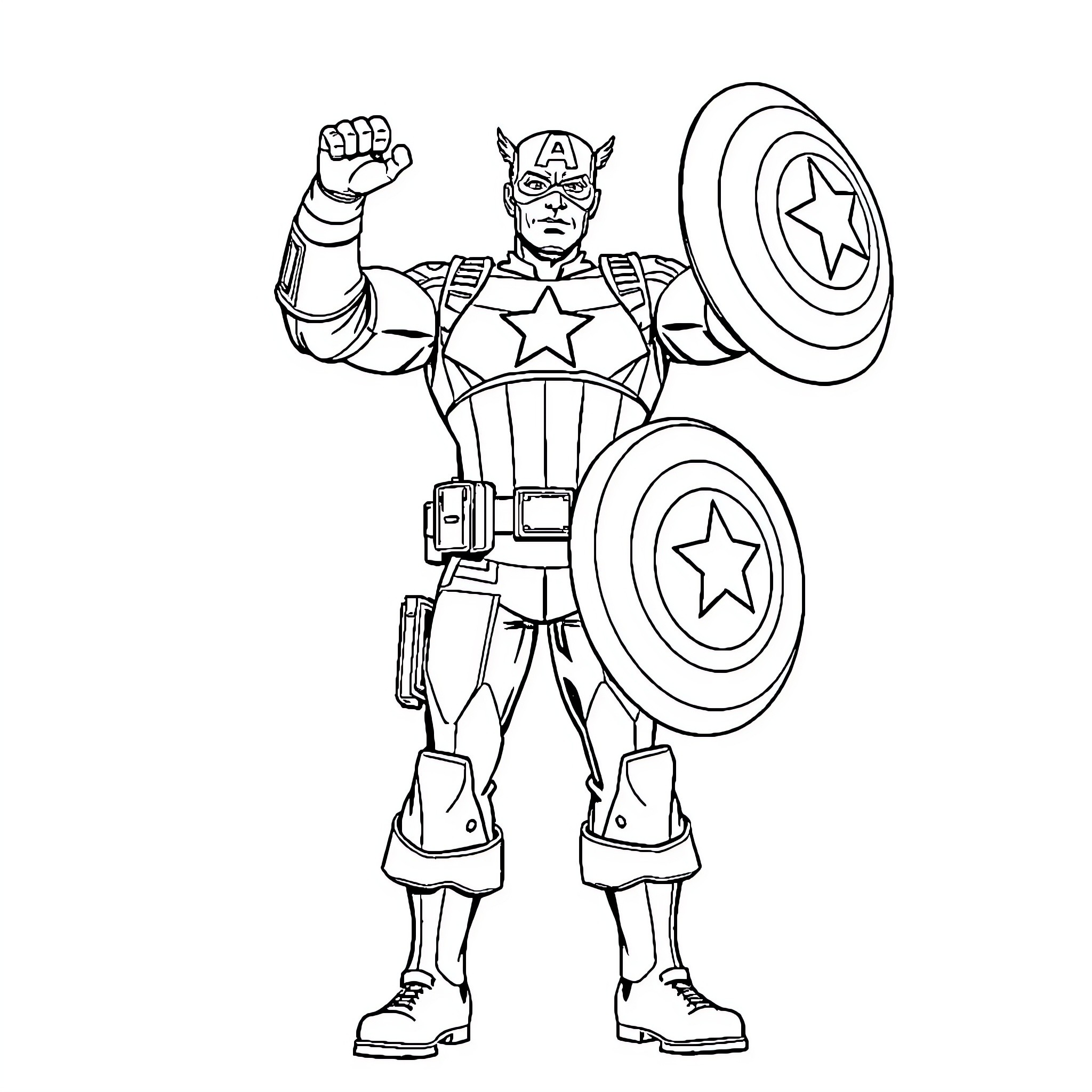 Captain America Heroically Wielding Shield and Fist Coloring Page (free black-and-white line drawing printable PDF for all, from beginners to advanced learners, including children, teens, adults, and seniors)
