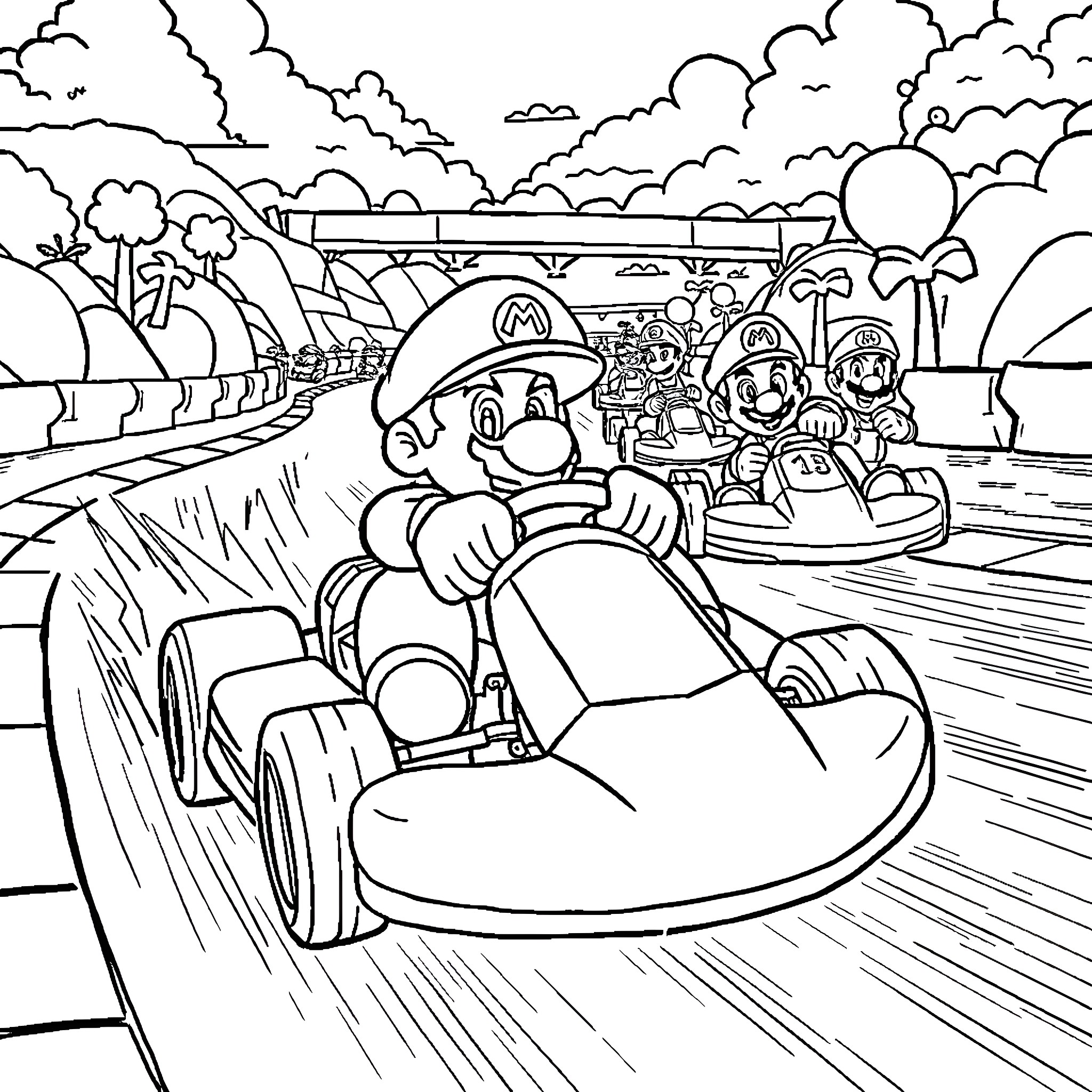 Mario Kart Racing Adventure Coloring Page (free black-and-white line drawing printable PDF for all, from beginners to advanced learners, including children, teens, adults, and seniors)