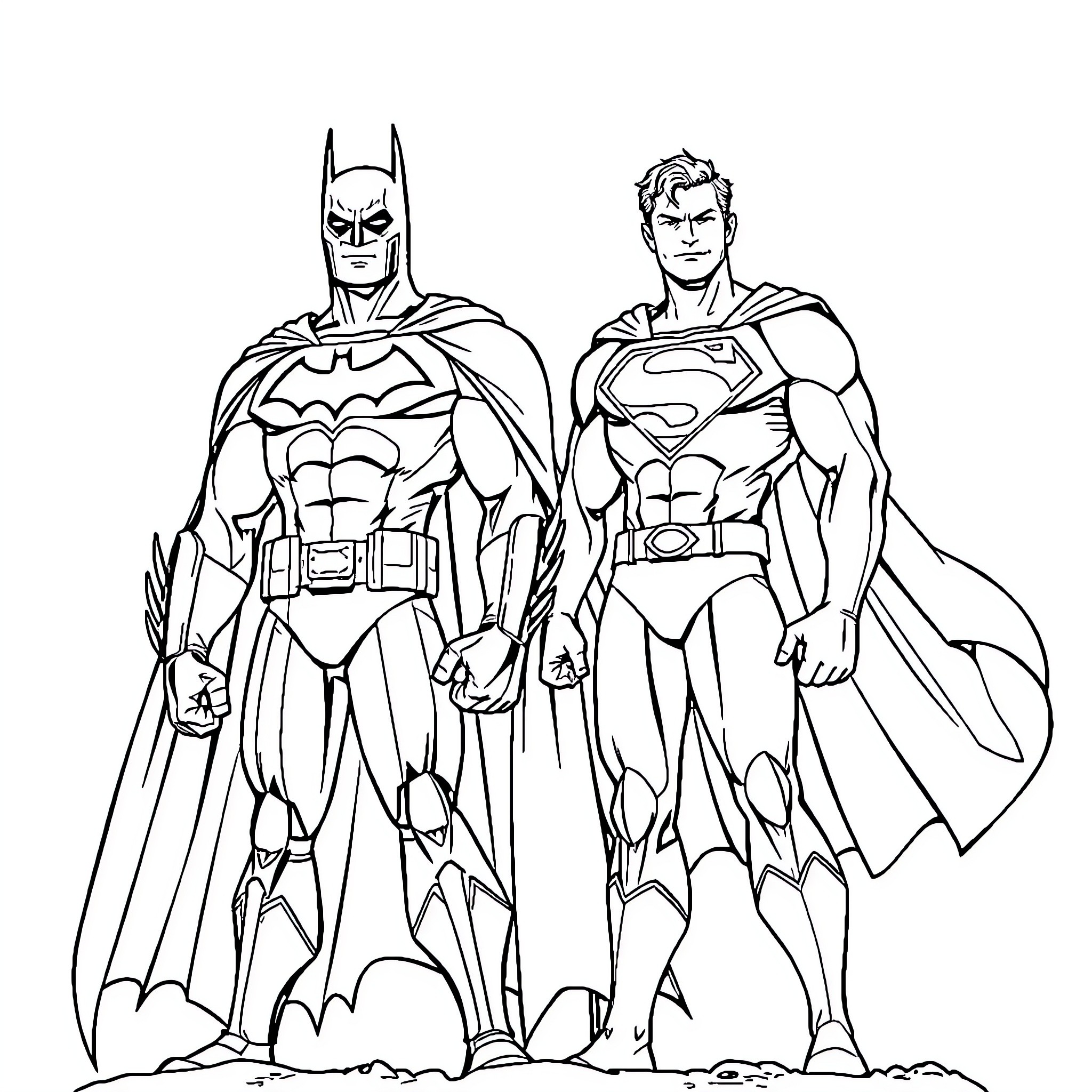 Batman and Superman standing heroically together Coloring Page (free black-and-white line drawing printable PDF for all, from beginners to advanced learners, including children, teens, adults, and seniors)