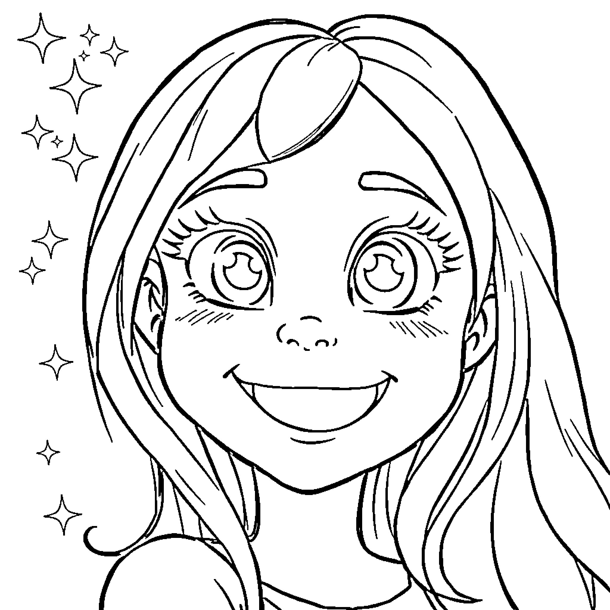 Girl with Smiling Expression and Sparkles Coloring Page (free black-and-white line drawing printable PDF for all, from beginners to advanced learners, including children, teens, adults, and seniors)