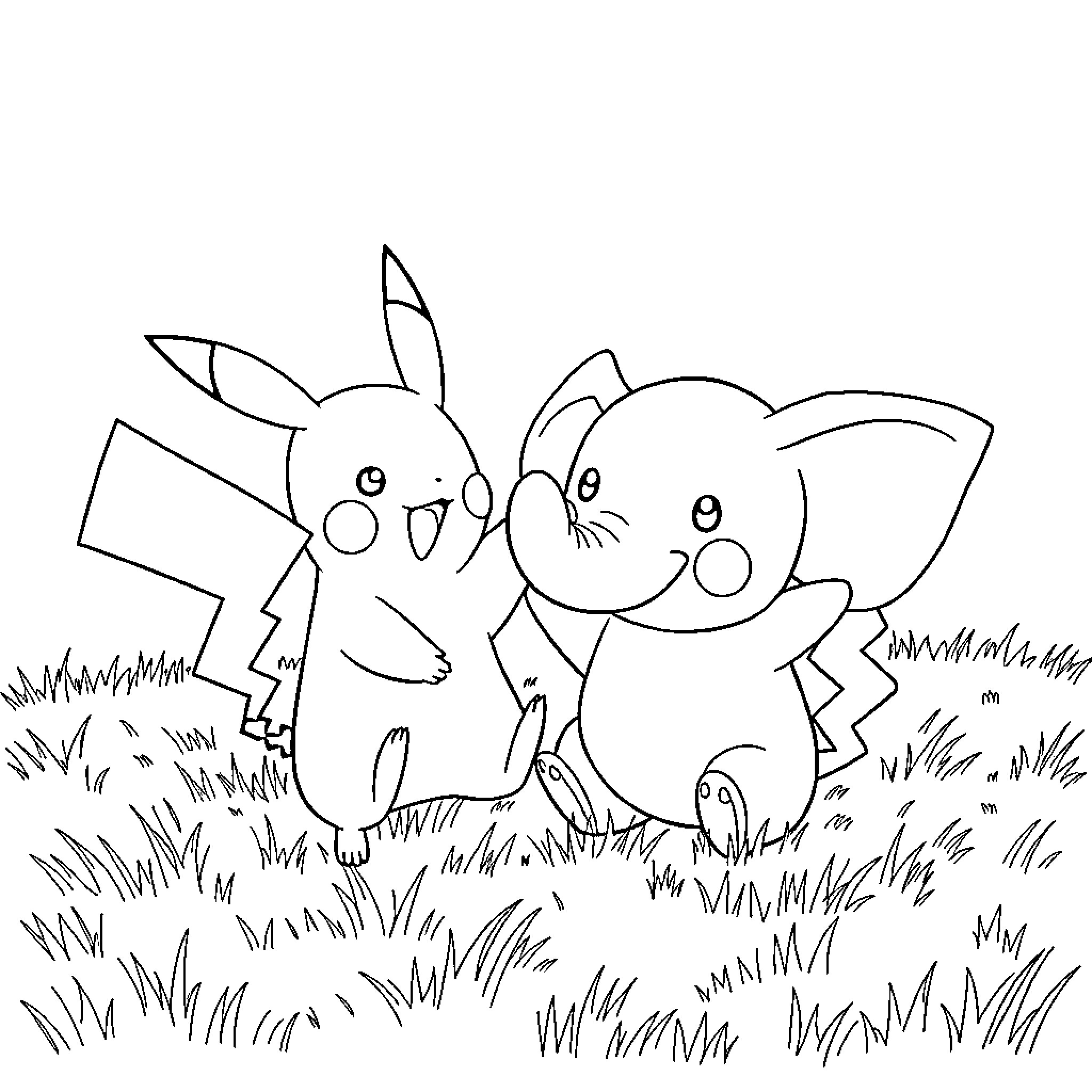 Pikachu and friends playing in the grassy field Coloring Page (free black-and-white line drawing printable PDF for all, from beginners to advanced learners, including children, teens, adults, and seniors)