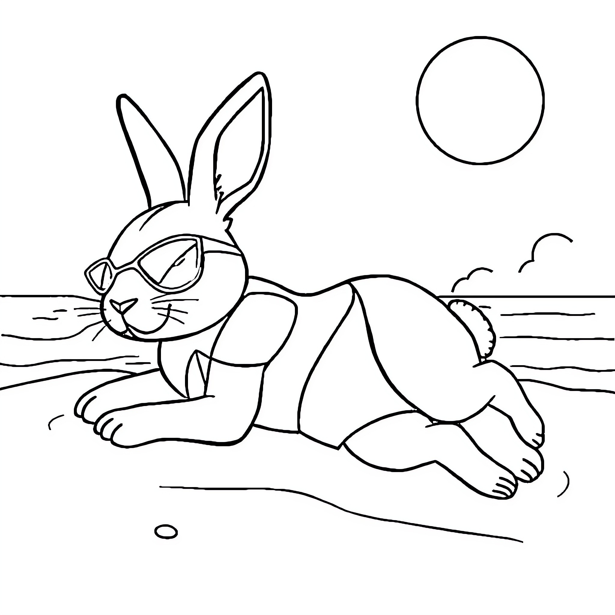 Lola the Bunny Relaxing on the Beach Coloring Page (free black-and-white line drawing printable PDF for all, from beginners to advanced learners, including children, teens, adults, and seniors)